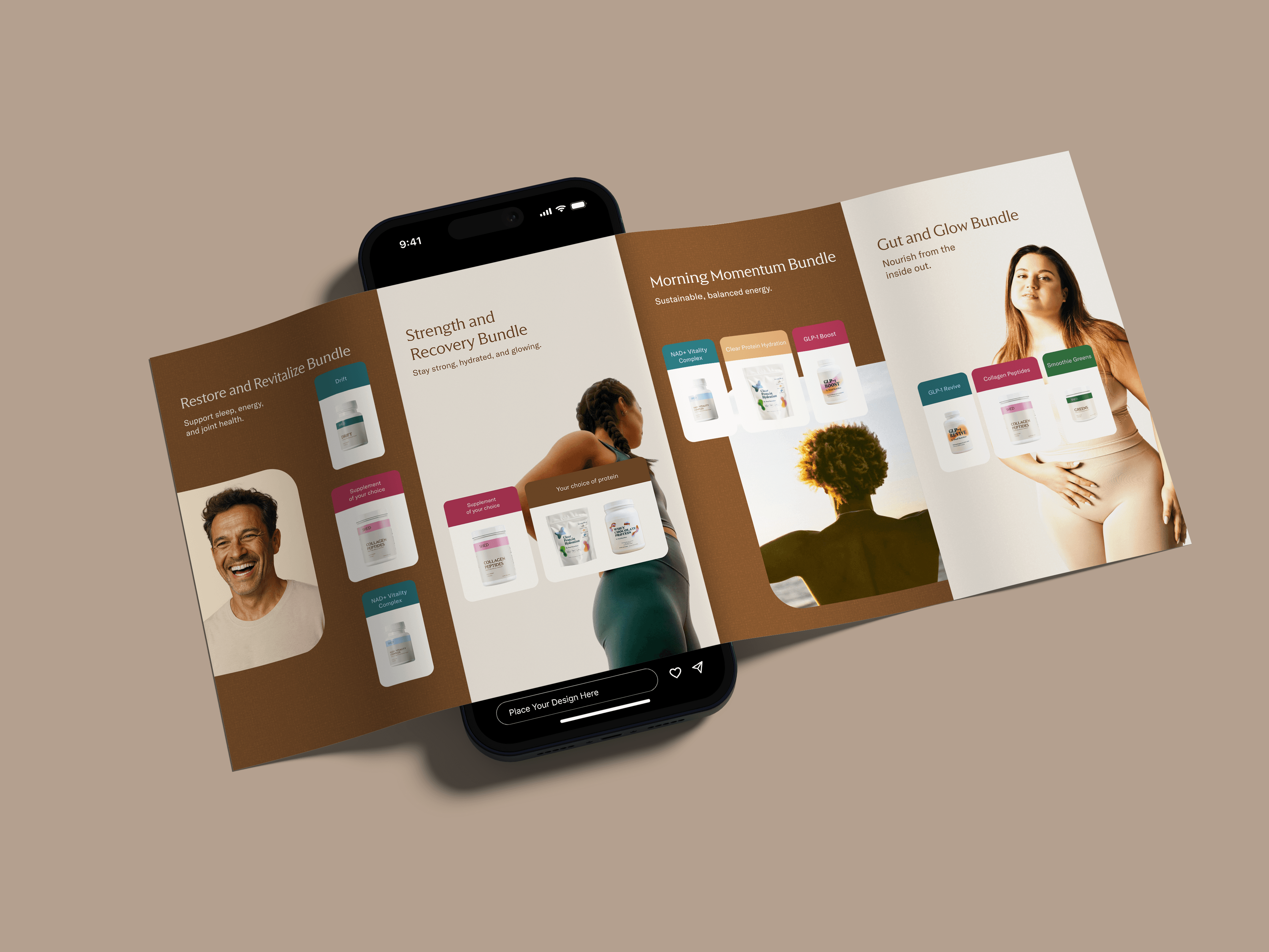 A smartphone displaying user profiles on a dating app, with photos and brief descriptions on tan background.