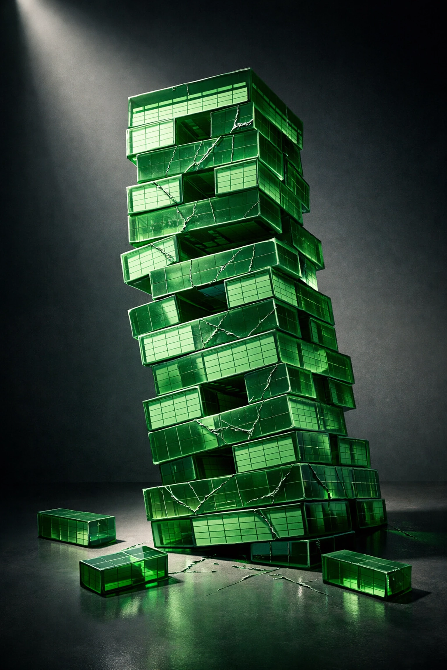 A collapsing tower of spreadsheet blocks showing why Excel is a risk to business growth.