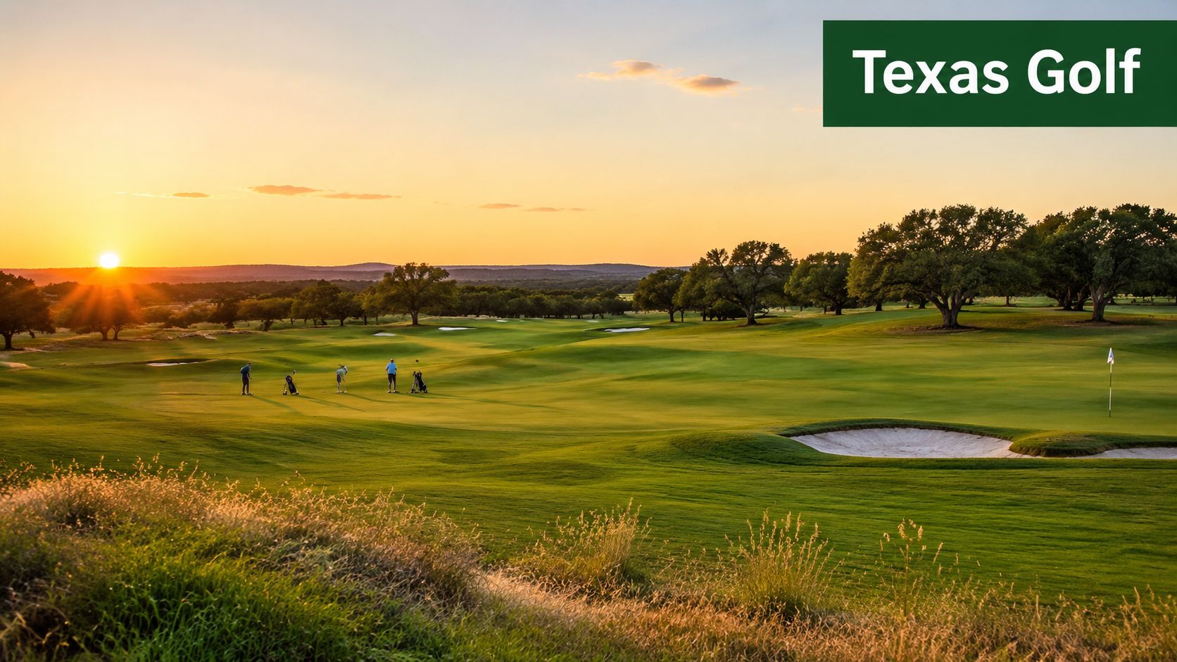 A serene golf course in Texas during a beautiful sunset with players on the green fairway.
