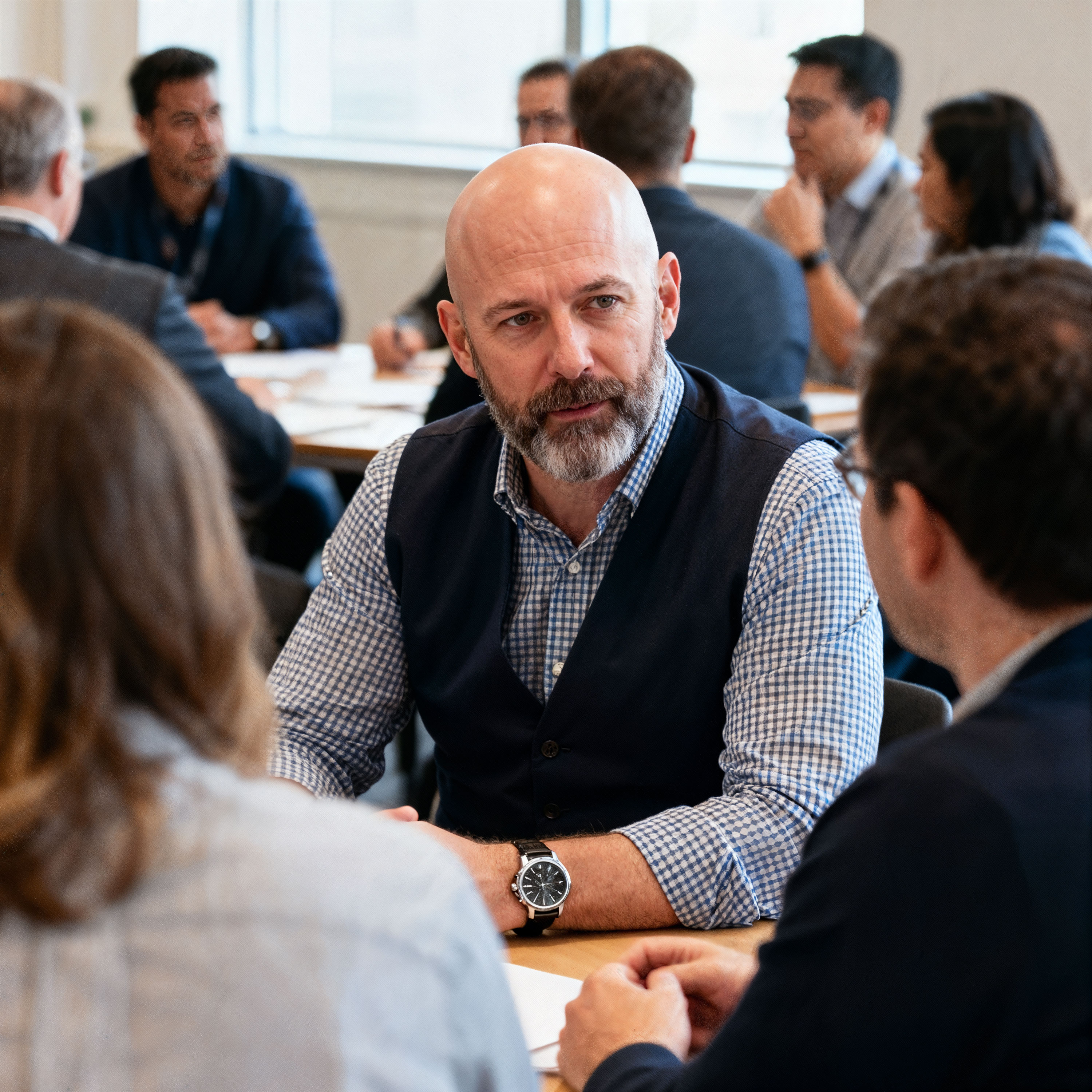 Man wearing a vest over a checkered shirt with beard