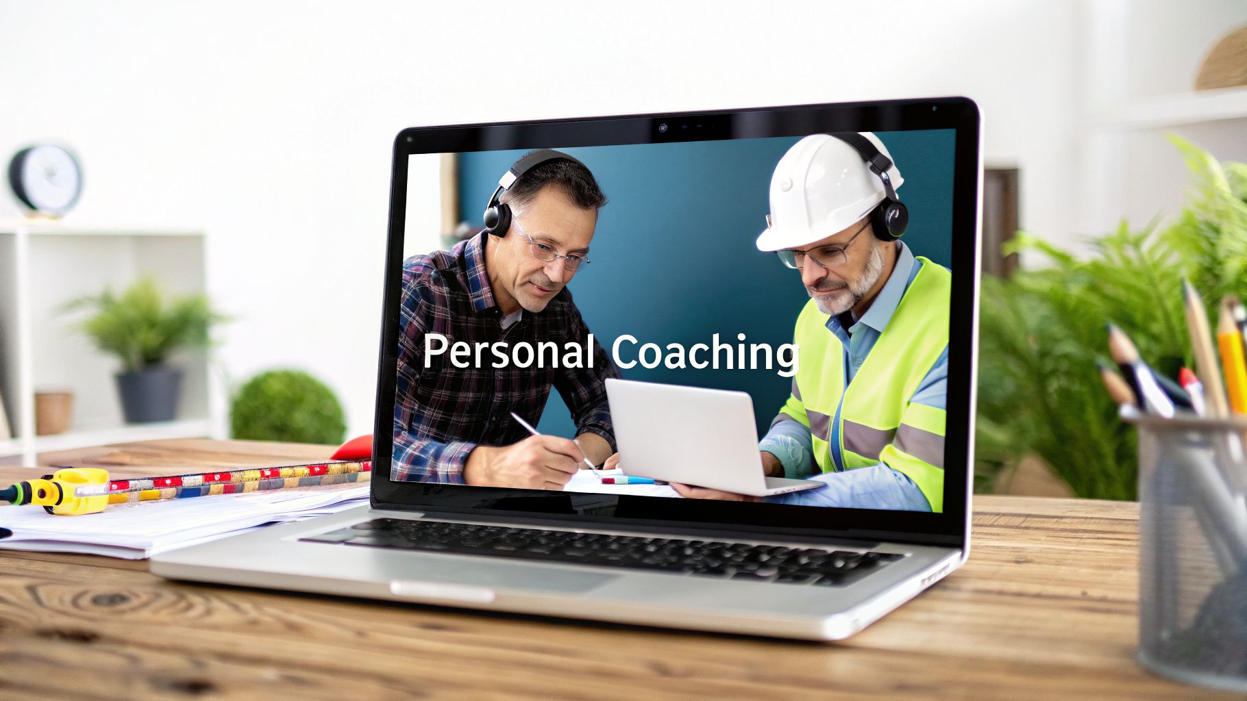 Laptop on a wooden desk displaying a video call with two men receiving personal coaching.