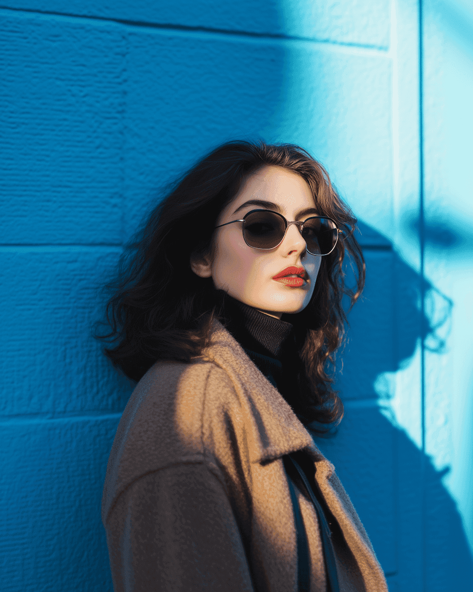 Woman in a camel coat and sunglasses stands against a vibrant blue wall. Sunlight casts dramatic shadows, conveying a stylish and confident tone.