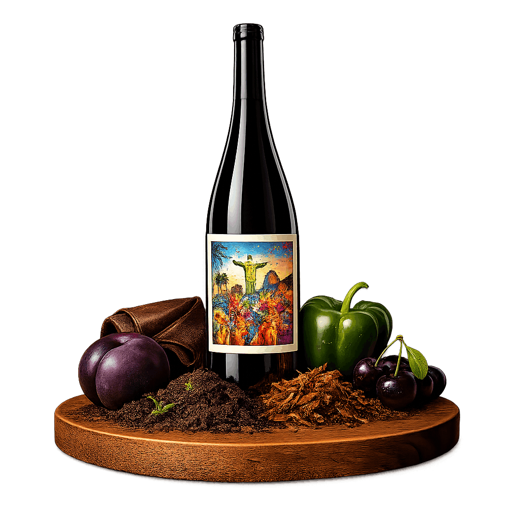 Artistic label and flavor profile for Brazilian Red Blend on a rustic wooden table.