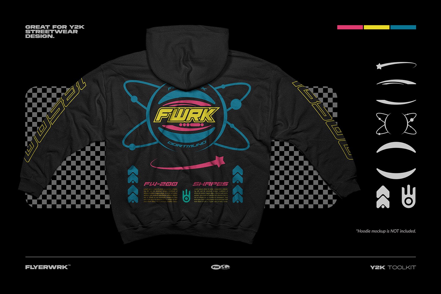 Y2K Toolkit vector shapes used in futuristic streetwear hoodie graphic design