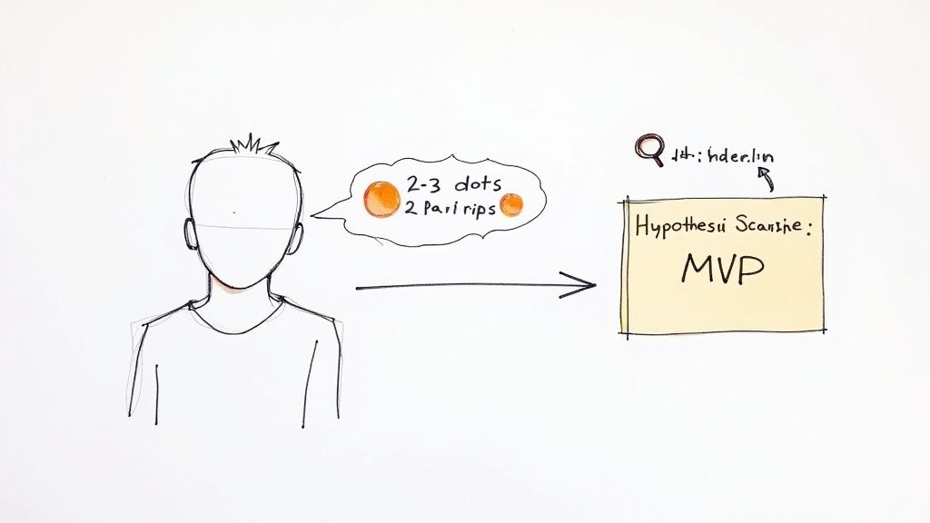 Sketch of a person generating ideas and developing an MVP hypothesis for a product.
