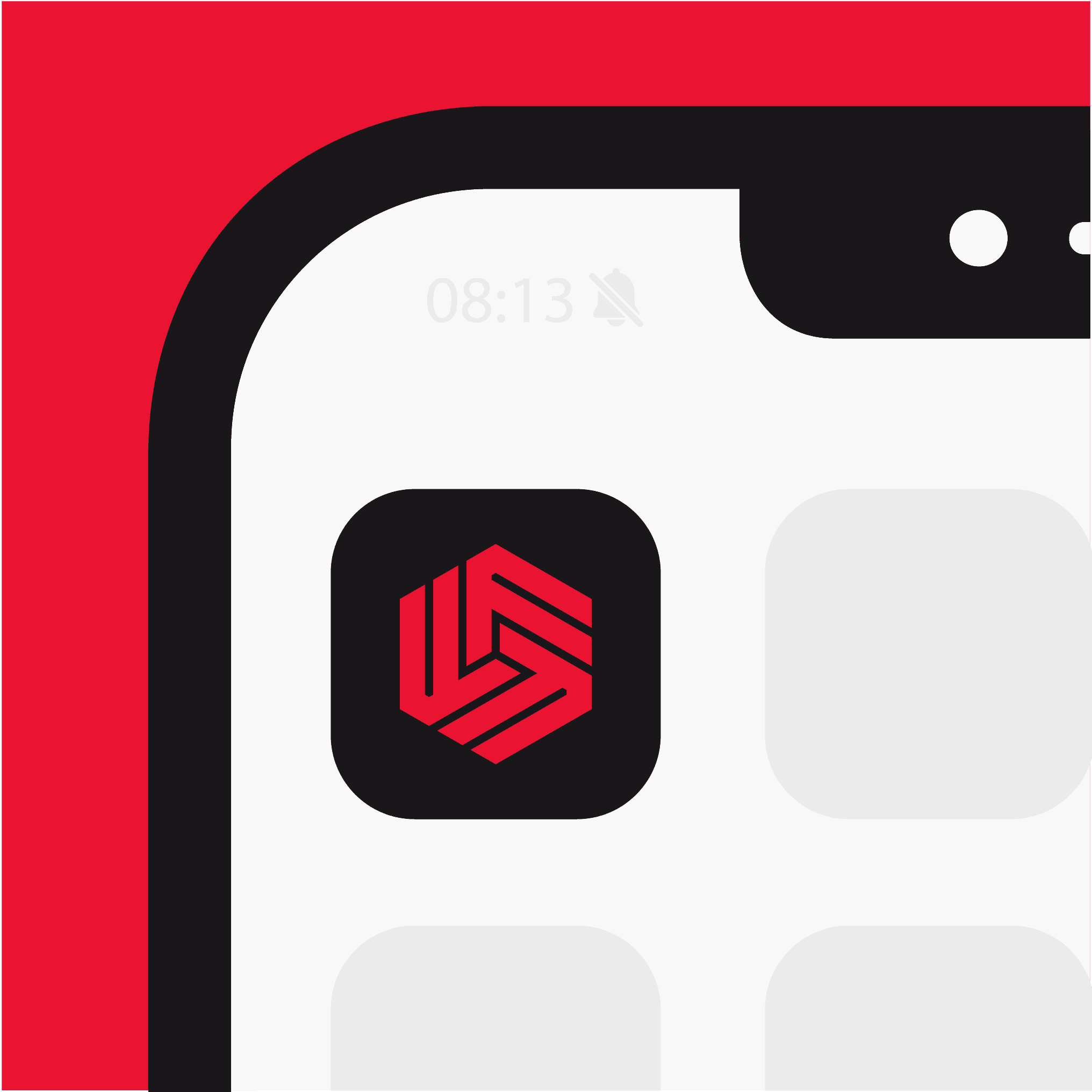 A close-up mockup of a smartphone home screen showing the 'Flexibility For Fighters' app icon. The icon features the brand's distinctive red hexagonal logo with black accents on a dark background. The top left corner of the phone screen is visible, with indicators like the time '08:13' and a muted icon. The background of the image is red, complementing the app icon and reinforcing the brand’s color scheme.