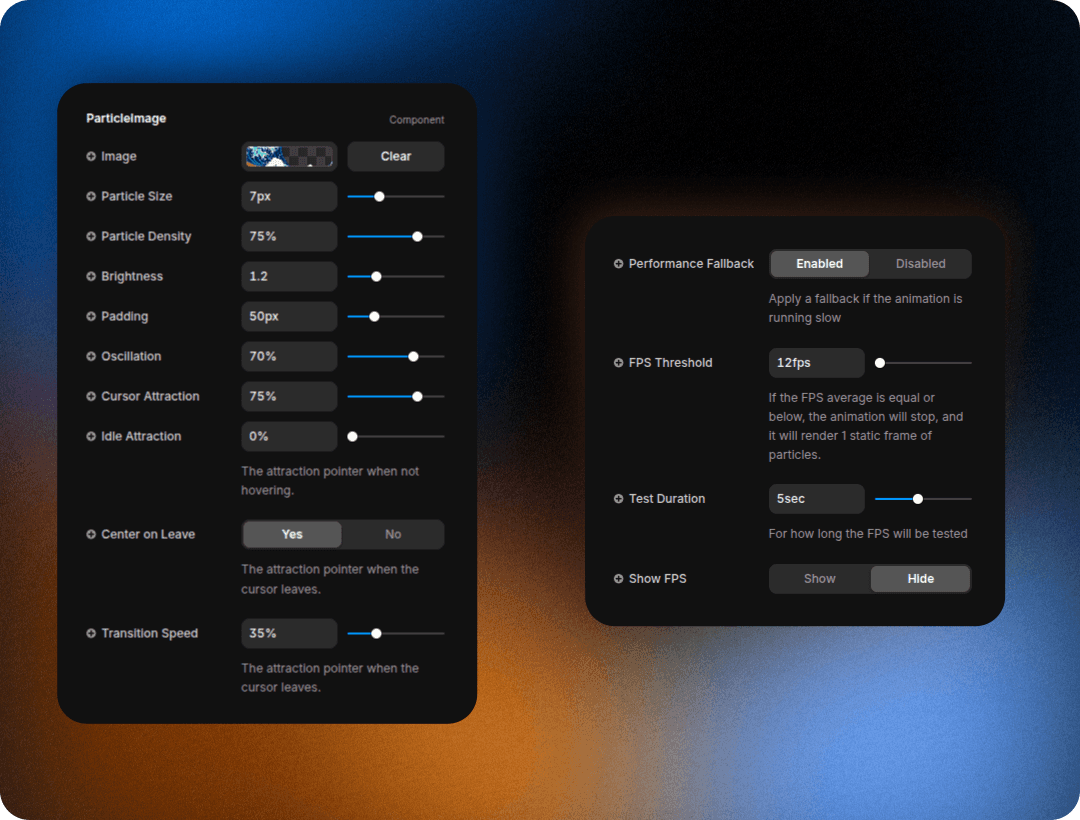 List of properties of the component