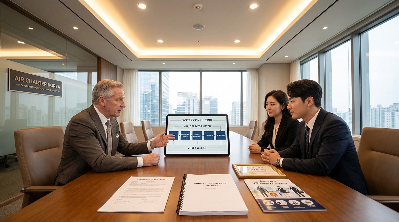 ACK private jet charter booking 5-step integrated consulting — NDA, operator matching, quote, contract, payment, VIP escort process