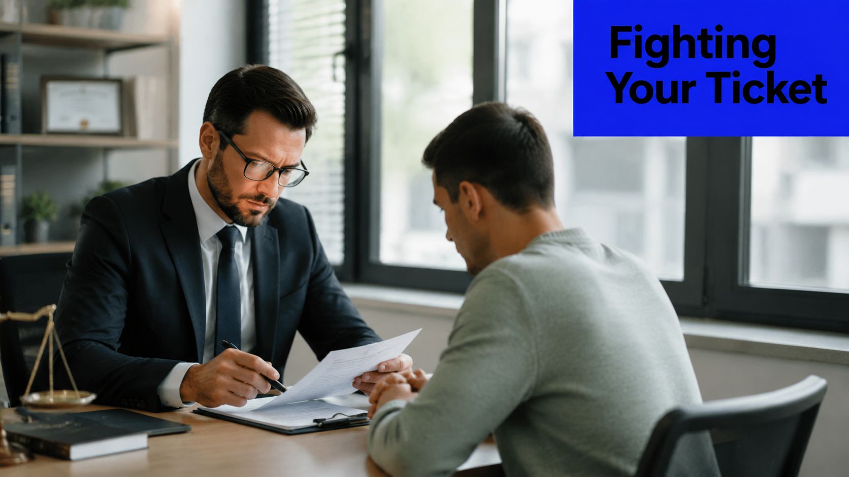 A professional lawyer wearing glasses reviews legal documents with a client in a modern law office.