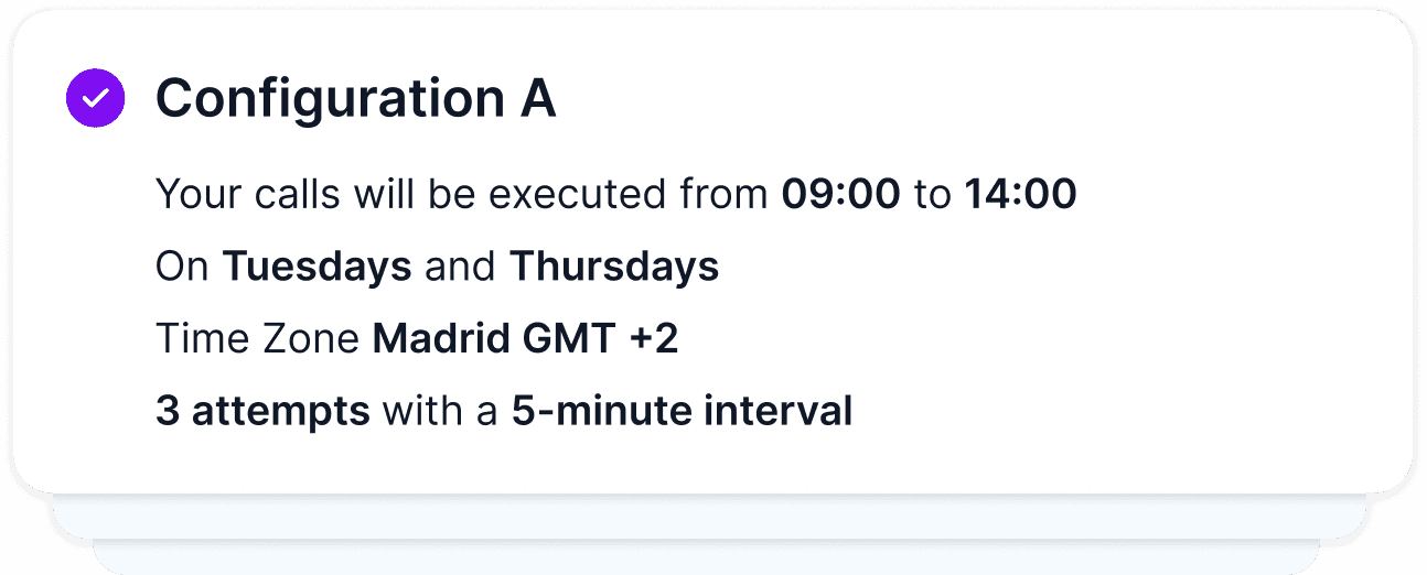 Visual comparison of outgoing call variants with AI, testing voice tones, timings, and scripts to identify with data the option that provides the best results.