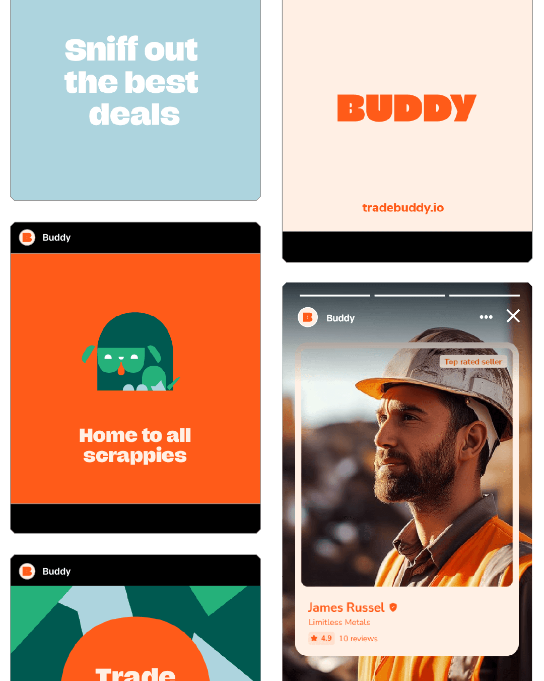 Buddy identity applied to mobile interfaces, workwear, signage and industry materials.