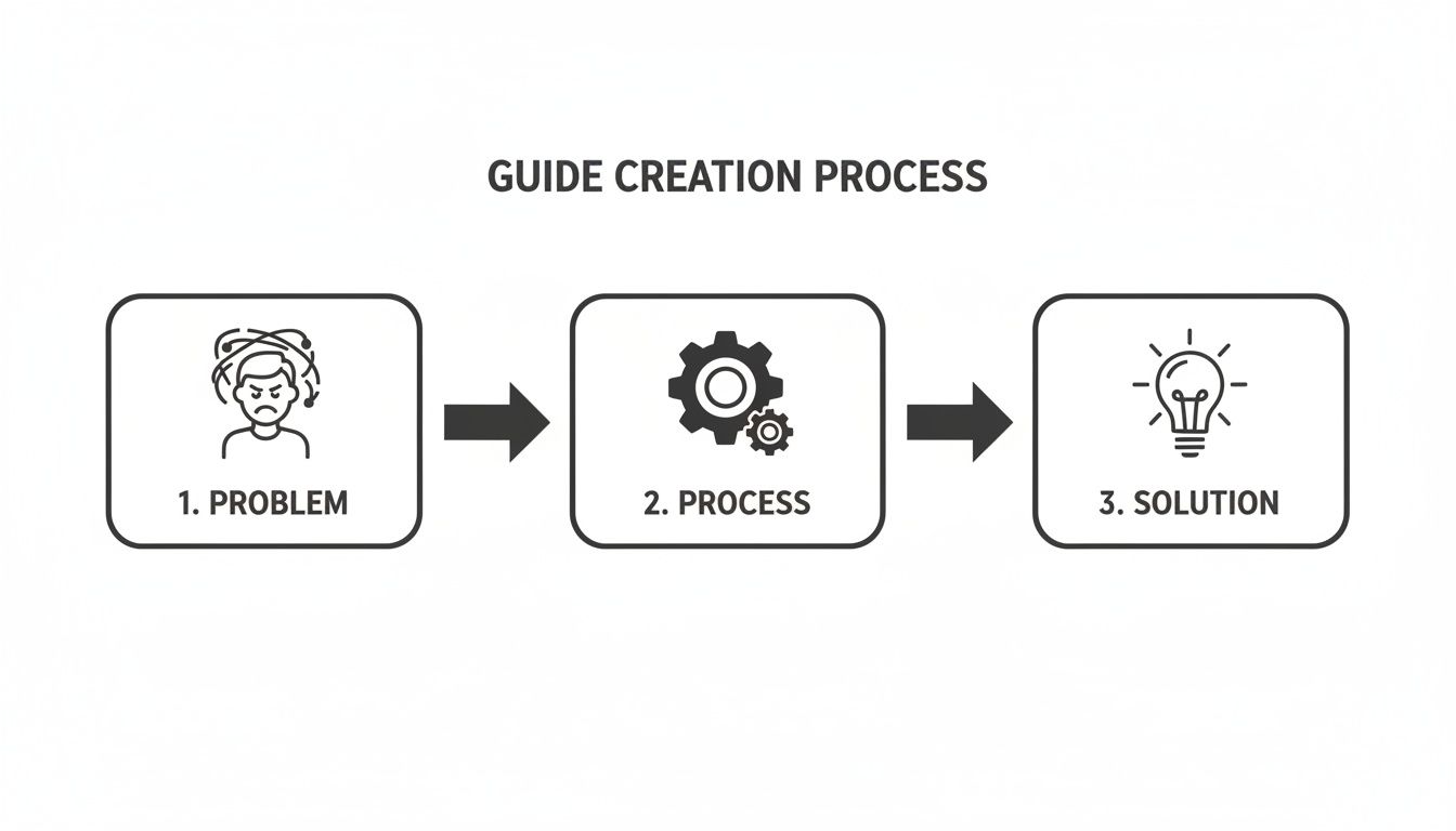 Guide creation process diagram, illustrating steps from problem identification through process to solution.