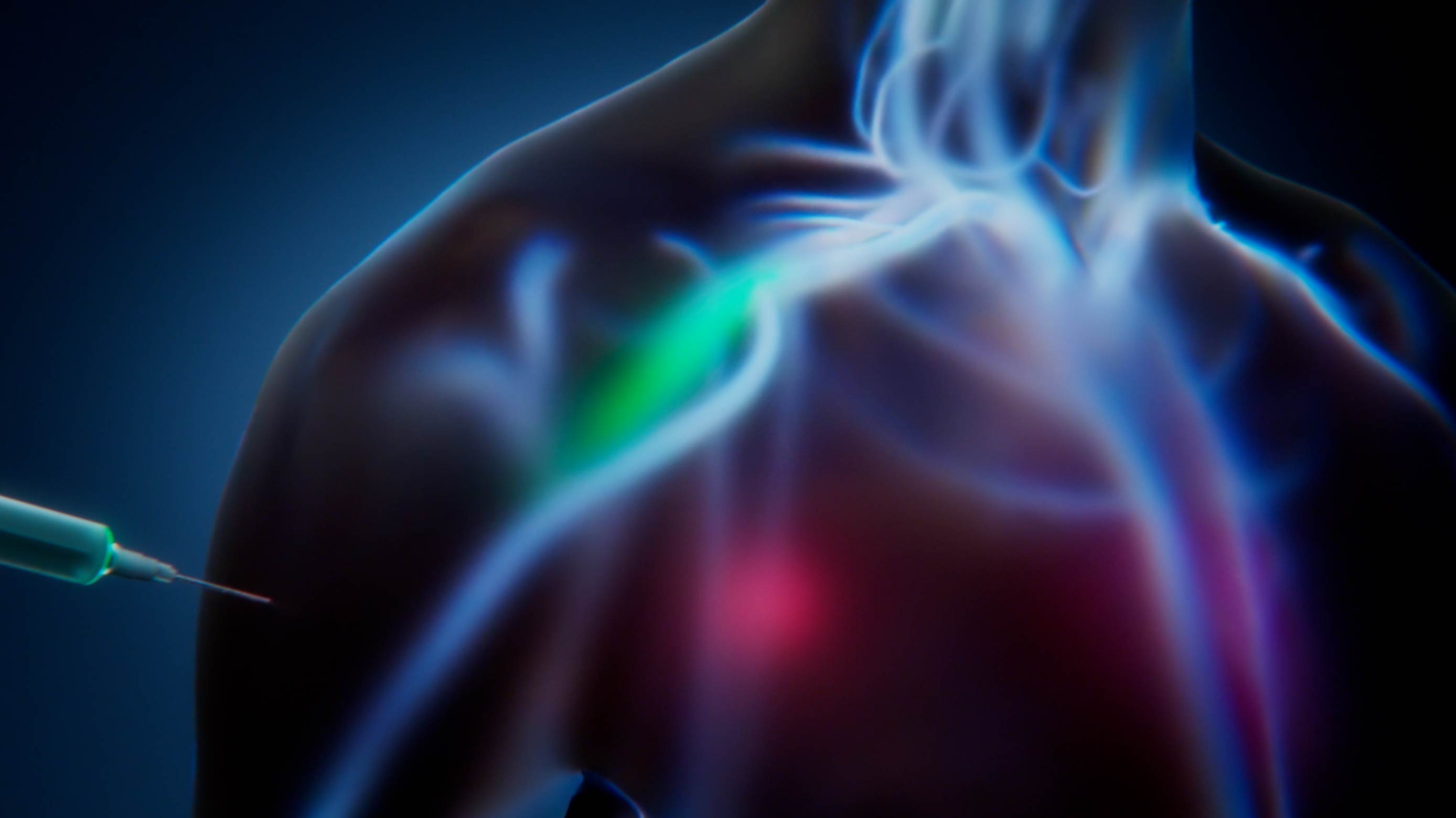 Transparent human figure with organs and blood vessels visible inside in the process of drug injection