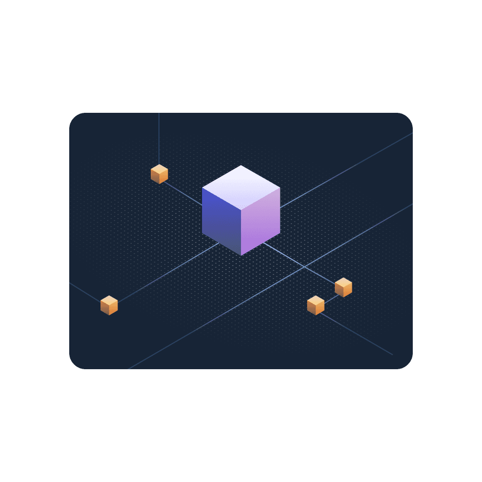 A central, large, purple 3D cube is connected by thin lines to four smaller orange cubes on a gradient gray grid background, conveying a tech, network theme.