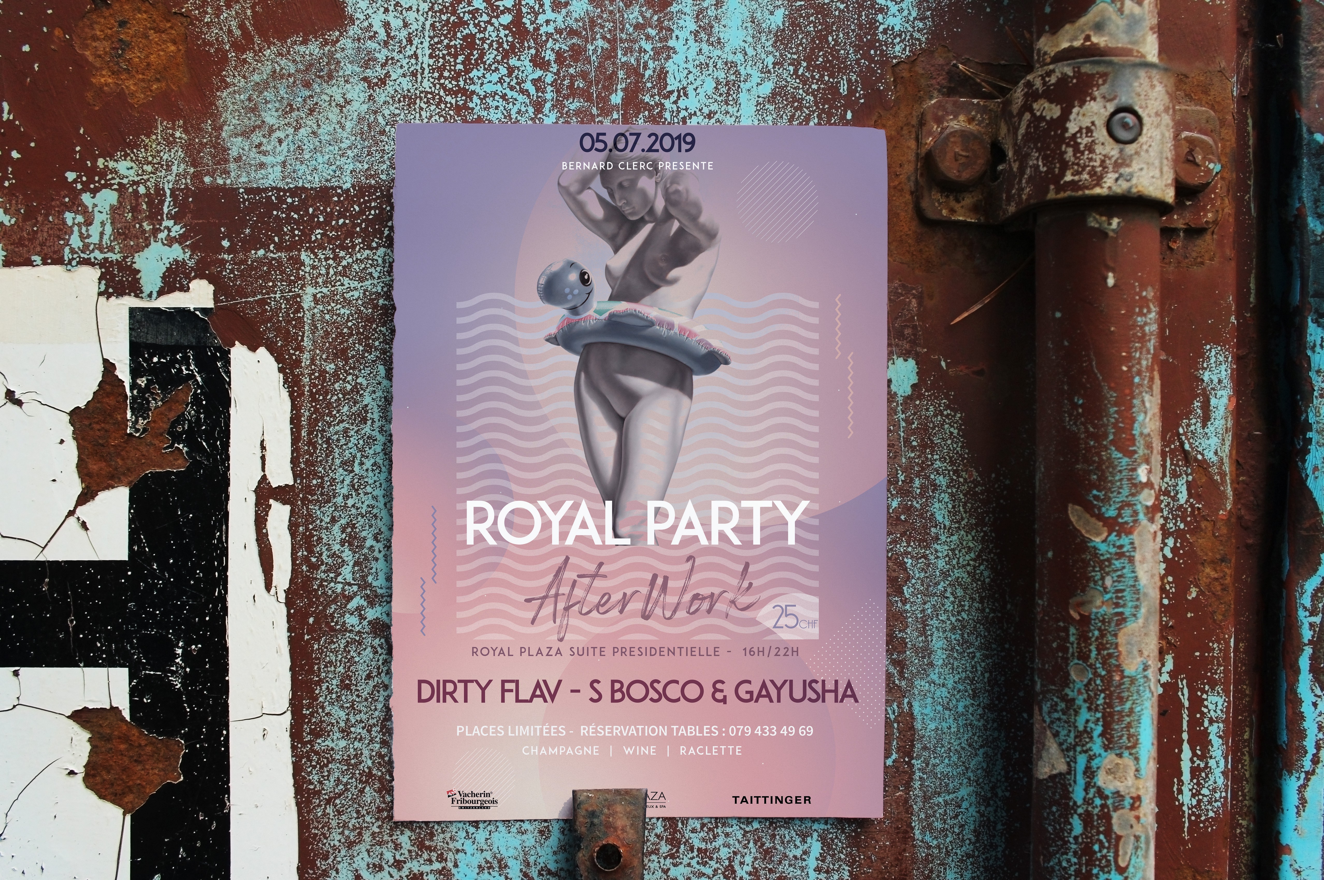 Royal Party event flyer with textured collage design