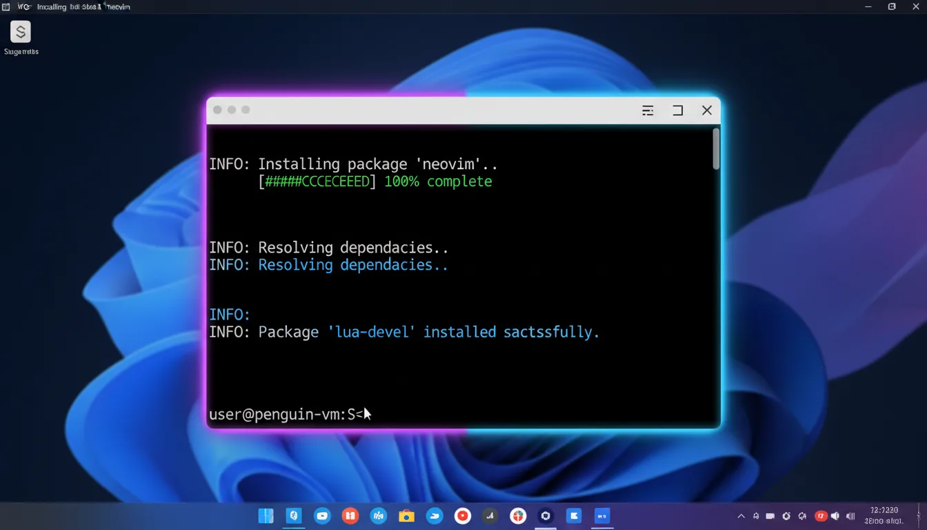 Screenshot of a Linux terminal window on a ChromeOS desktop. The application has a Modern Dark Mode UI with a black background and a light gray title bar containing window control UI elements. A thin, glowing purple-blue border frames the window. The terminal displays multiple lines of abstracted monospaced text in white, green, and blue, simulating a software package installation log. The focus is sharp and the layout is clean, centered on the terminal output.