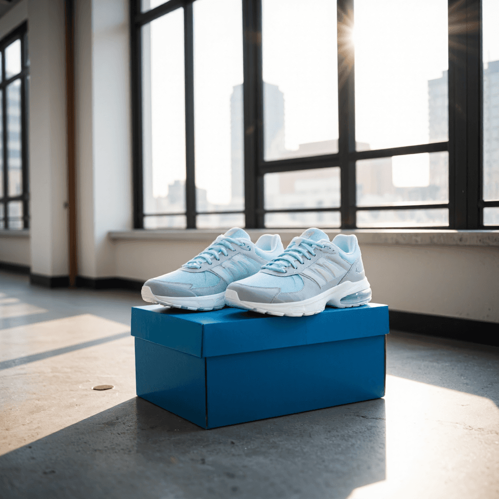 product photography of a pair of athletic shoes placed on a box