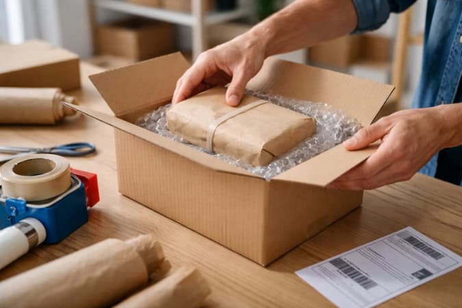 E-commerce worker packing a product into a cardboard shipping box with bubble wrap and kraft paper.