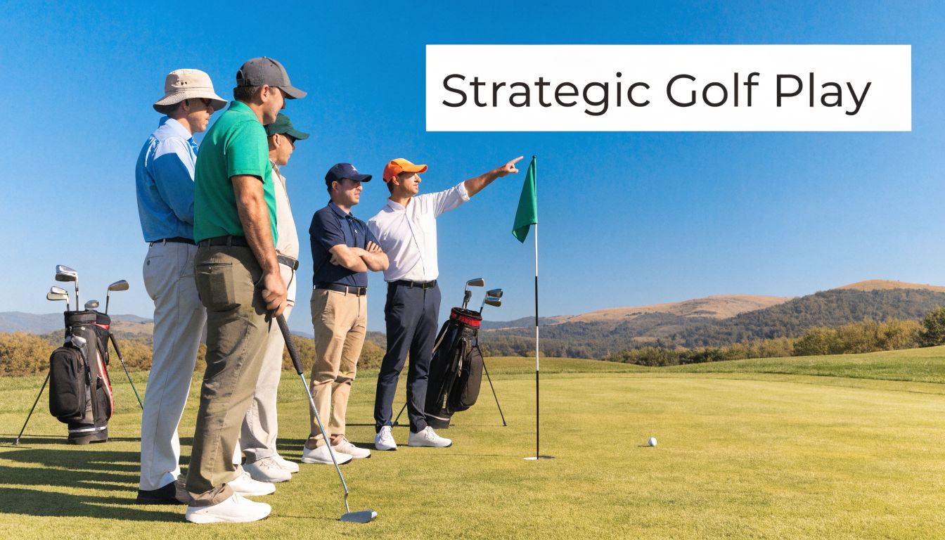 A group of male golfers in casual attire discussing strategy while standing on a sunny golf course.