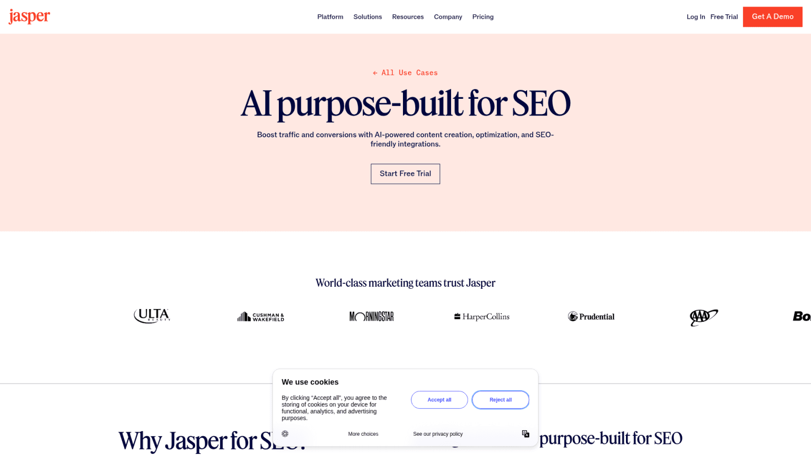 Jasper SEO use case page features