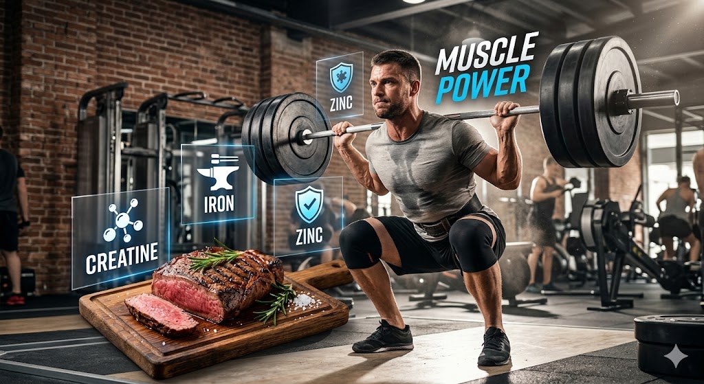 A male athlete performs a heavy barbell squat in a gym, with transparent overlays highlighting the performance benefits of iron, zinc, and creatine next to a cooked top sirloin steak for muscle power and strength.