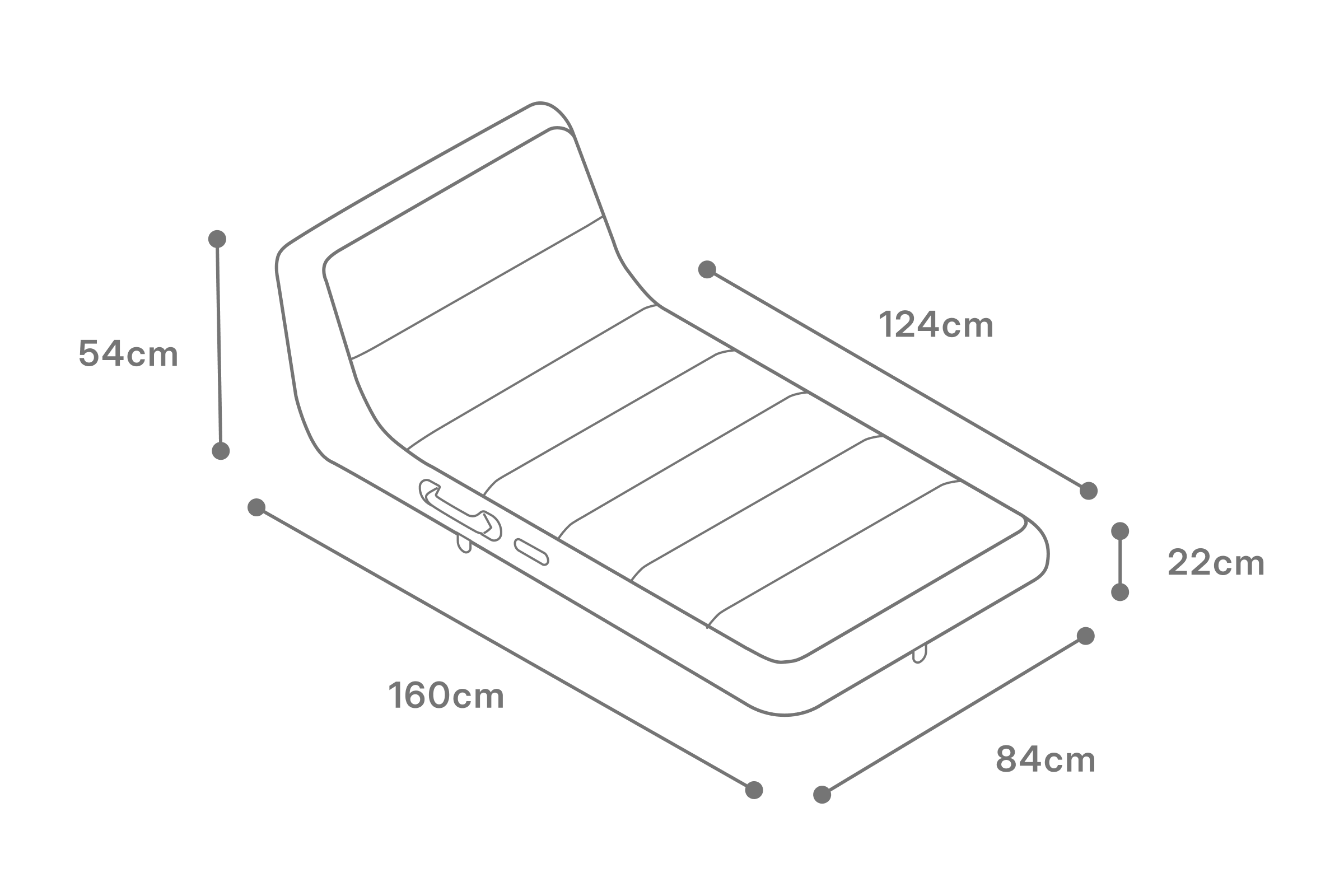 Diagram showing inflated dimensions of Oliver James luxury pool float — 160cm length, 84cm width, and 54cm height for generous adult lounging.