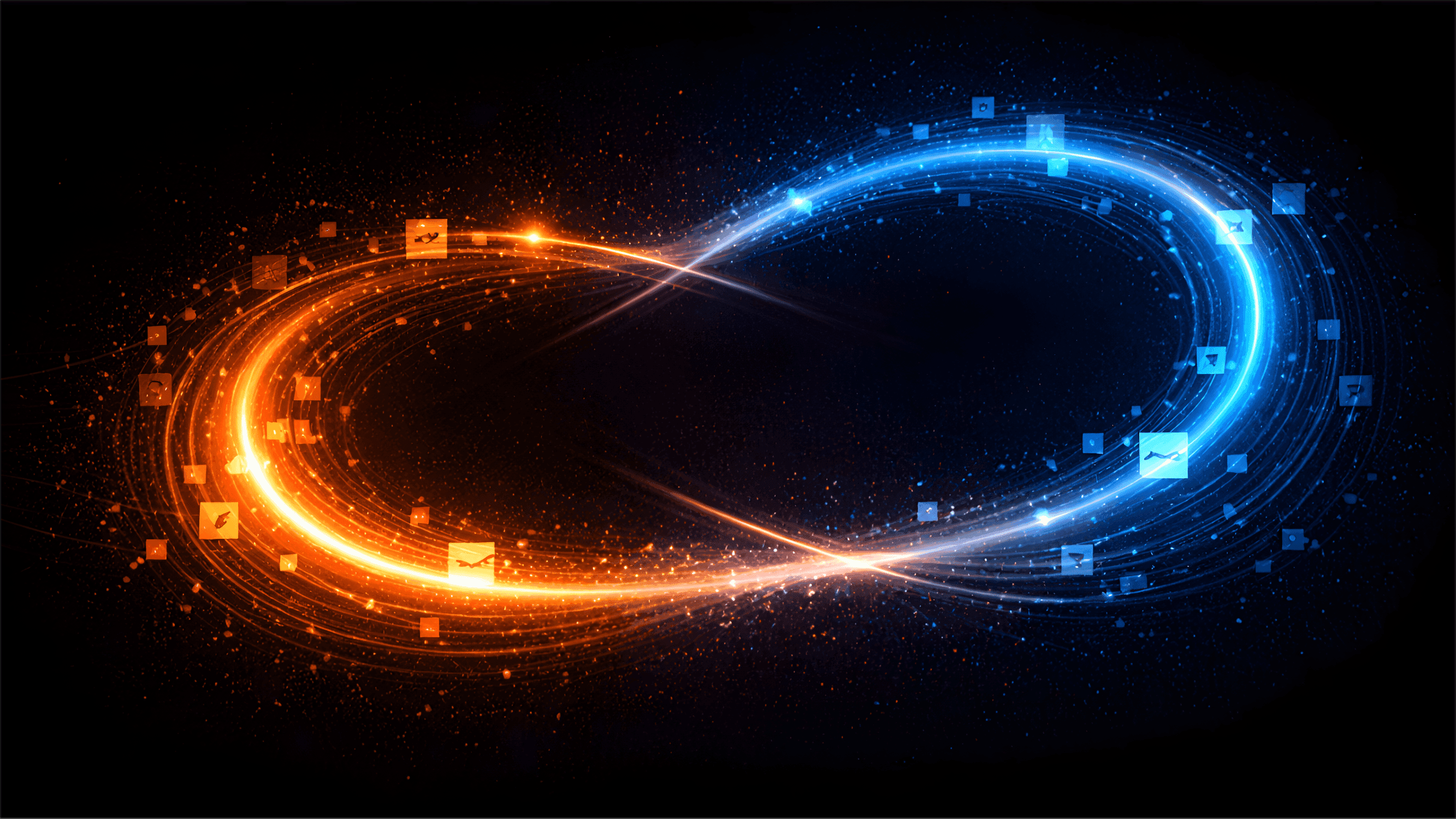 Abstract visualization of continuous financial reconciliation shown as a smooth looping data flow, forming an infinity shape with orange and blue energy streams merging and circulating, representing real-time matching and closing of financial records.