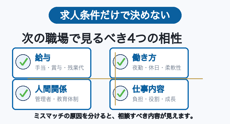 求人条件だけでなく職場相性を見ることを示す図解サムネイル