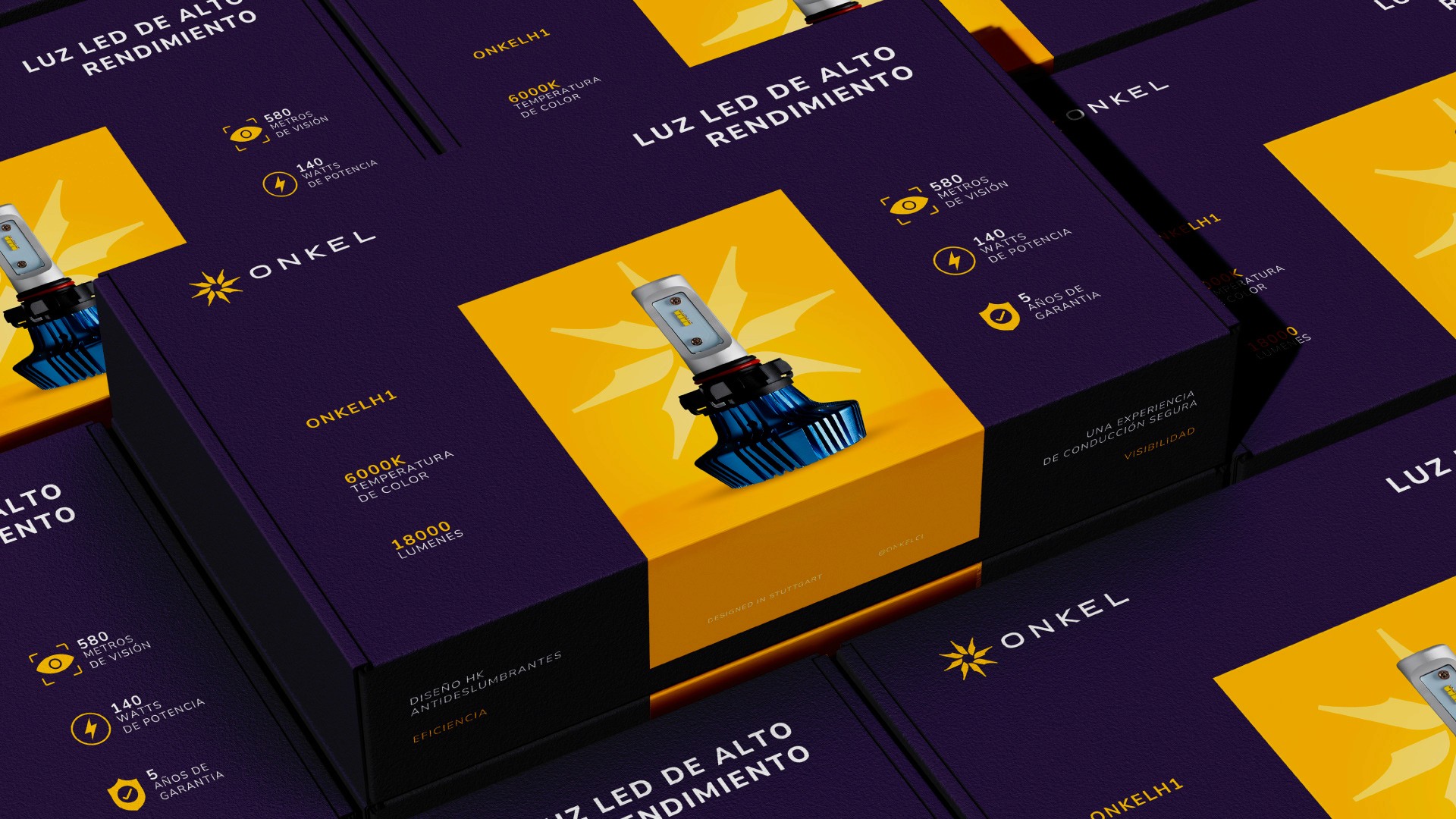 Diseño de empaques para productos de iluminación automotriz Onkel – estudio de diseño de autopartes en Chile.