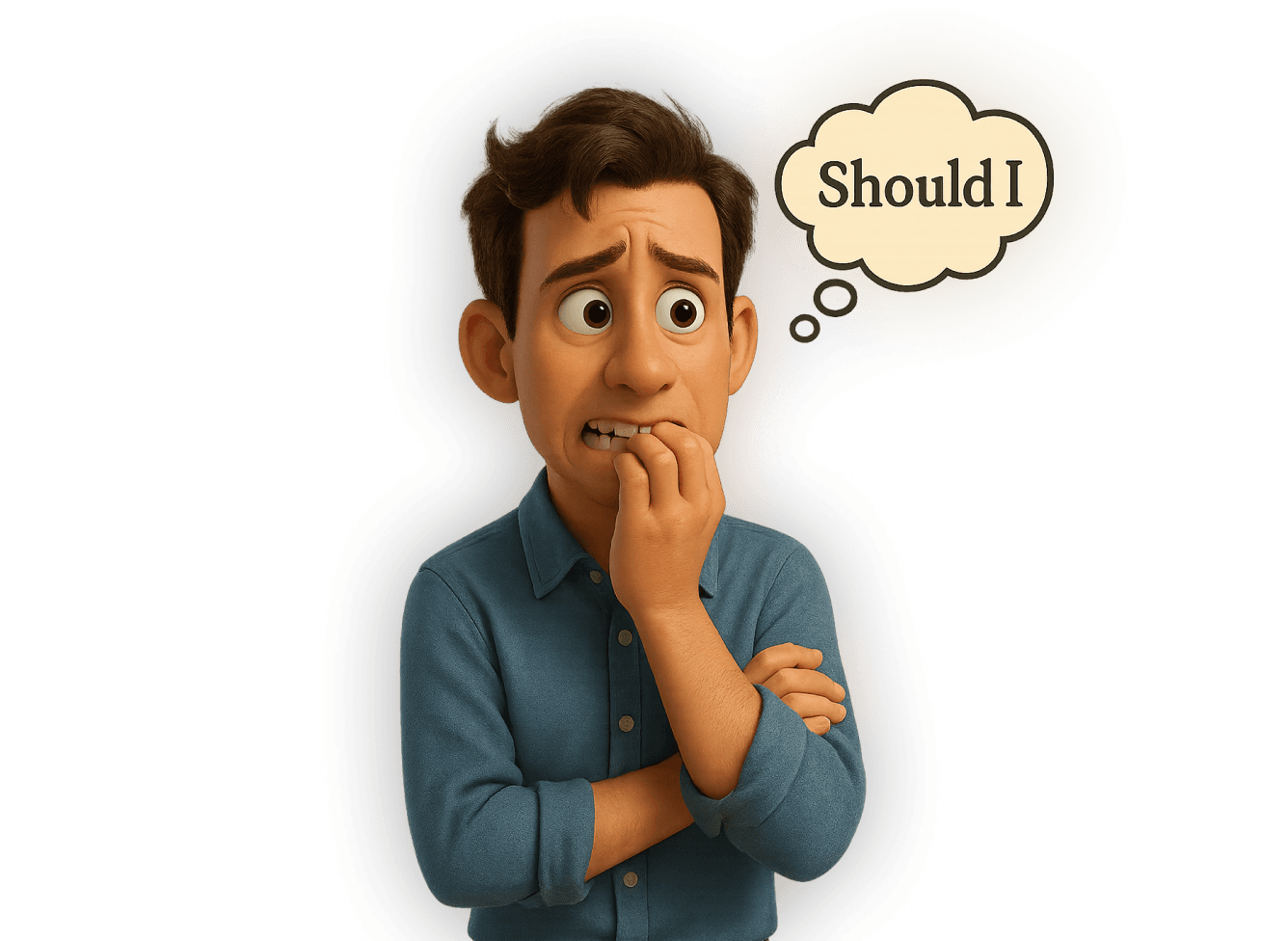 Animated character biting nails with a nervous expression and a thought bubble saying “Should I.”