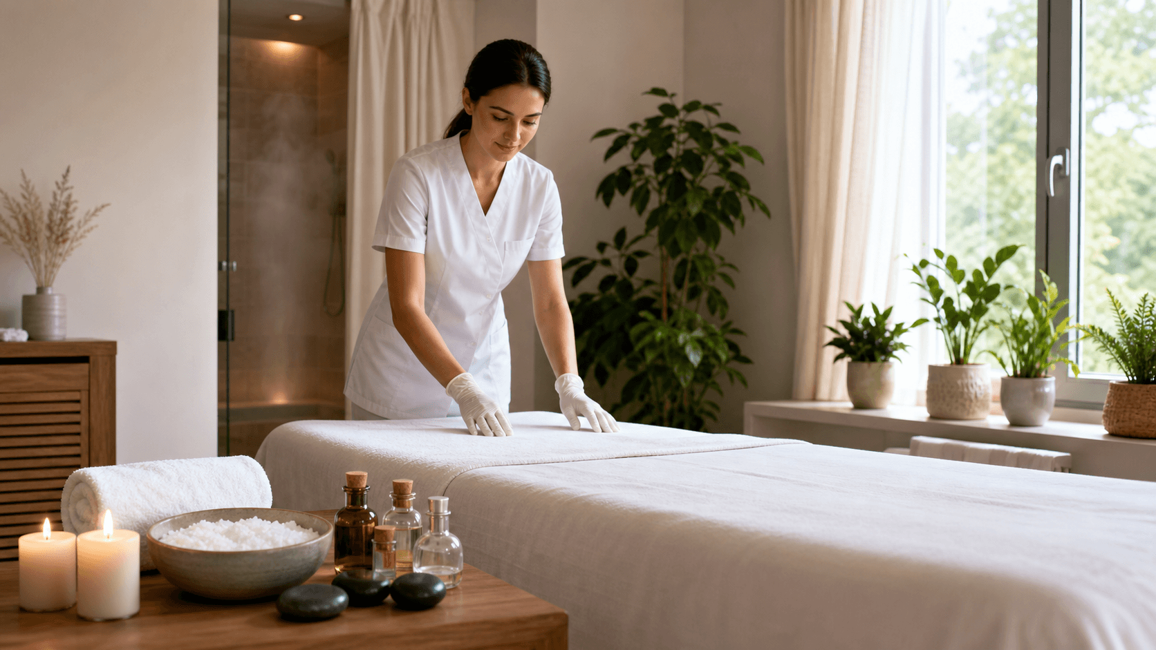 Une esthéticienne prépare un massage spa, avec sels, pierres et huiles essentielles.
