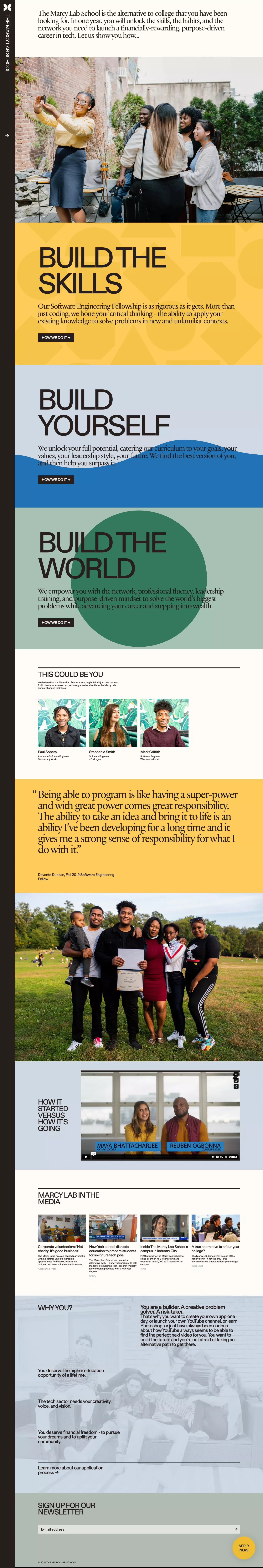 The Marcy Lab School landing page screenshot showcasing Tech and Education design