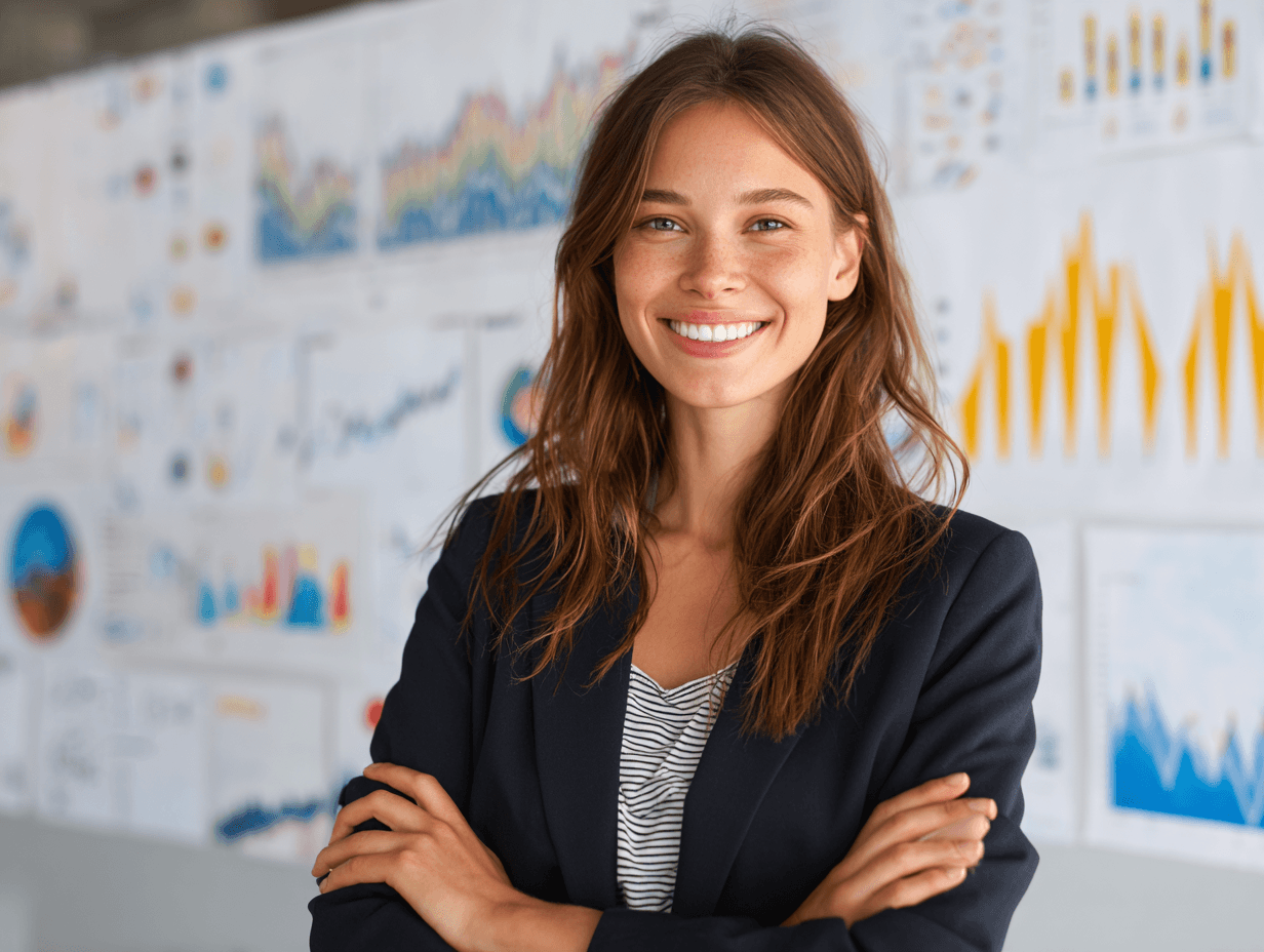 Corporate man standing infront of PowerBI Dashboards