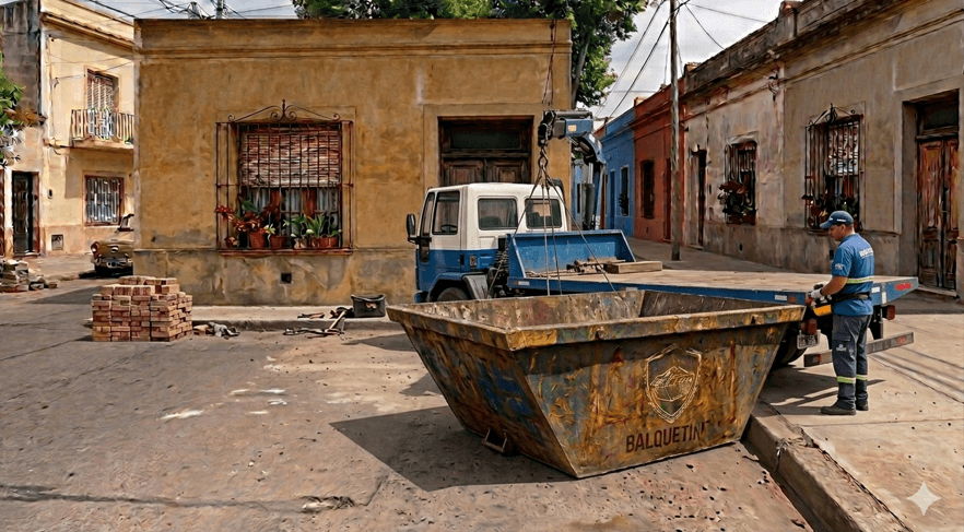 Un camión de servicio descarga un volquete metálico de color óxido y amarillo con la marca "BALQUETIN" en una calle de adoquines frente a una casa antigua de un piso