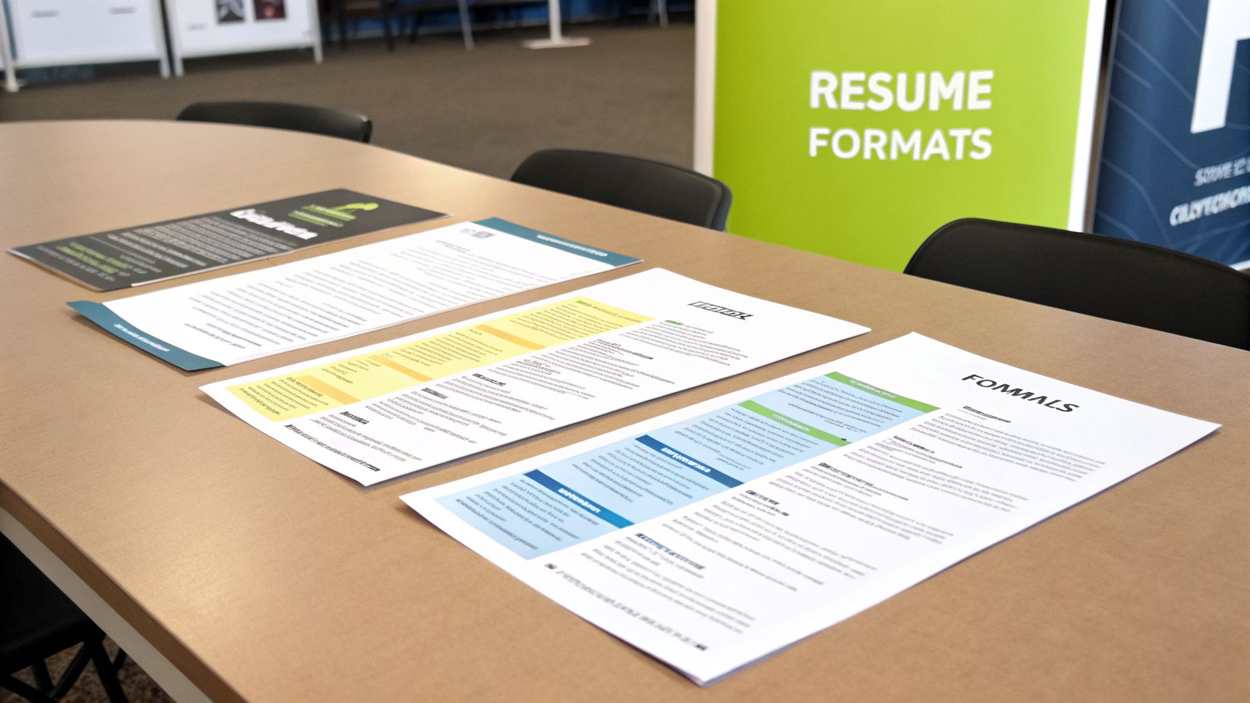 Various resume format examples laid out on a table with a 'RESUME FORMATS' sign.