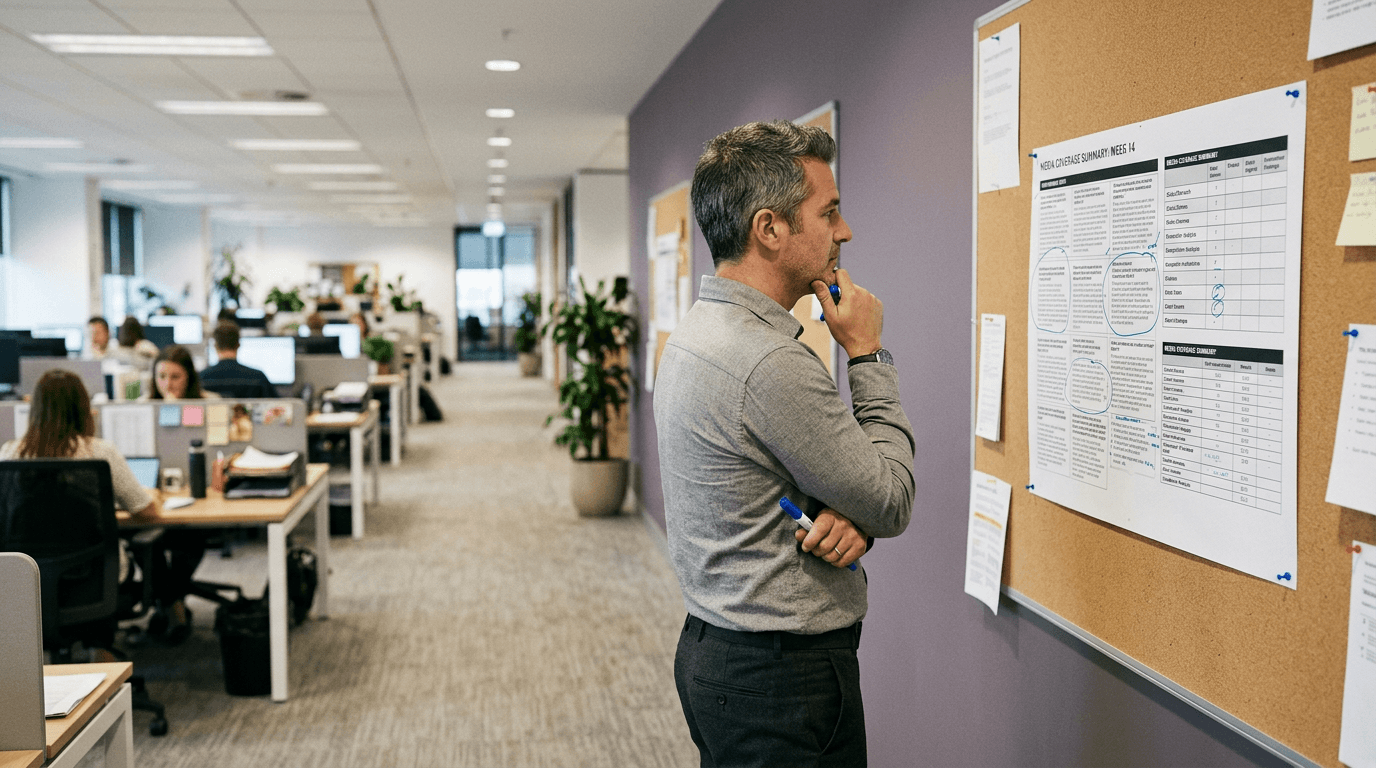 Communications professional studying a printed narrative coverage brief pinned to a corkboard in a modern office