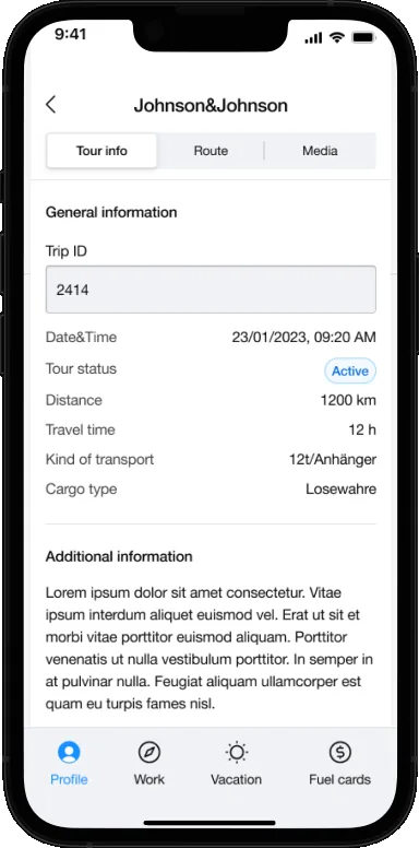 GTE driver tour details and logistics information screen