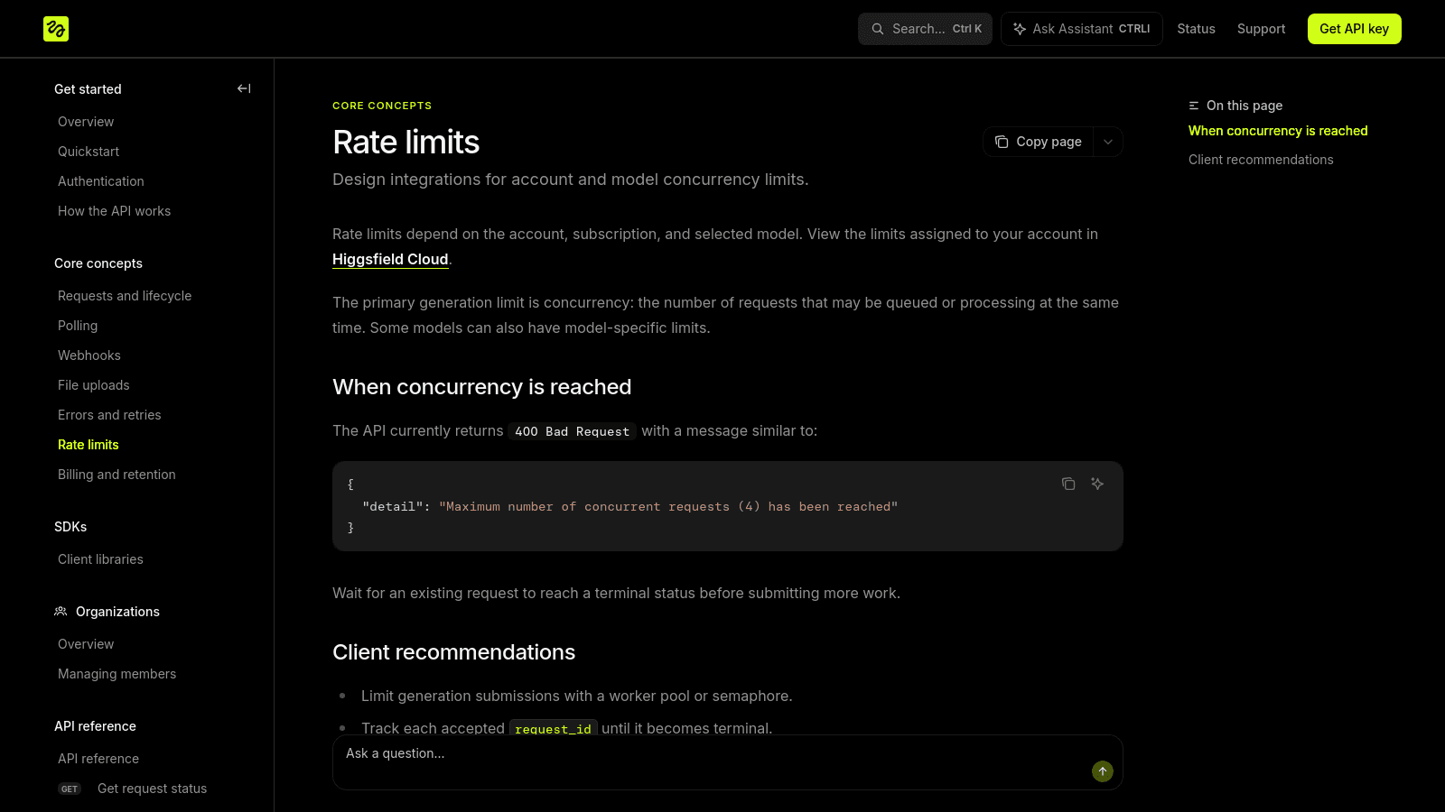 Higgsfield documentation page detailing API rate limits, concurrency handling, and client-side recommendations for managing requests.