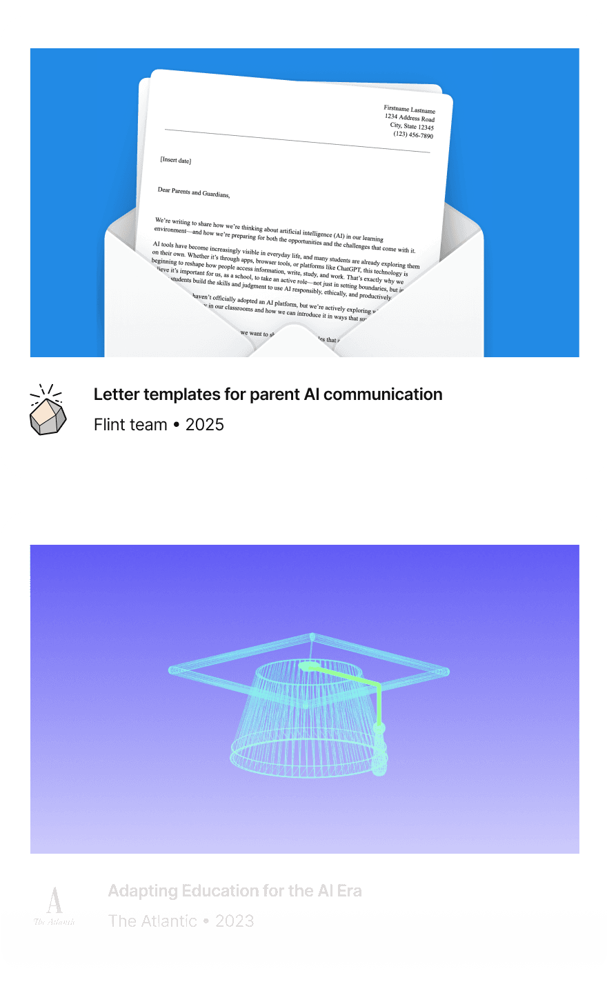 A column showing a resource from The Atlantic as well as Flint's sample letter to be sent to parents 