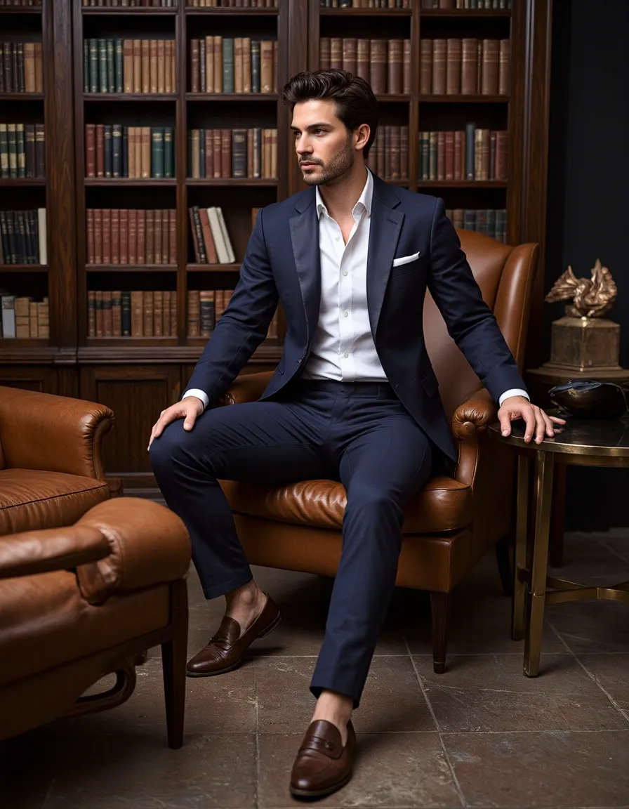 Man in navy suit sitting in leather chair in classic library with vintage books, professional corporate portrait