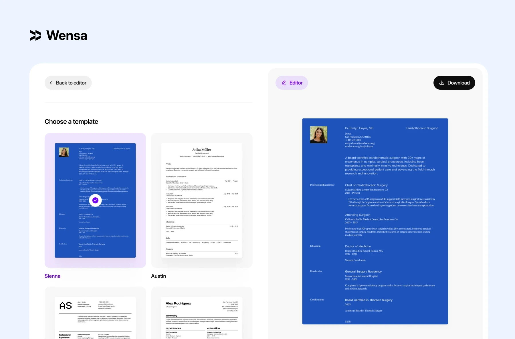 Wensa resume builder interface showing professional templates and preview of an ATS-friendly resume.