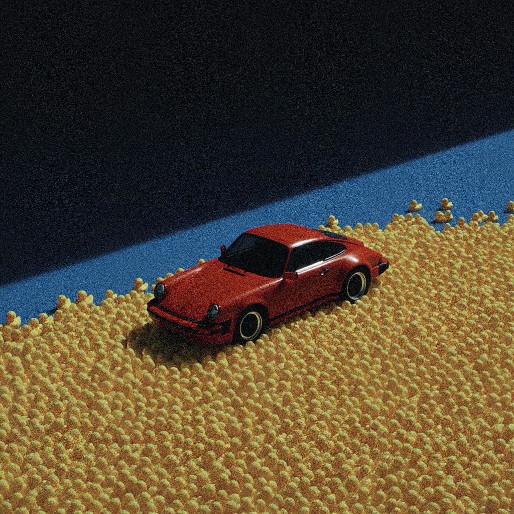 A red sports car sits among hundreds of small yellow rubber ducks, illuminated by a bright diagonal beam of light.