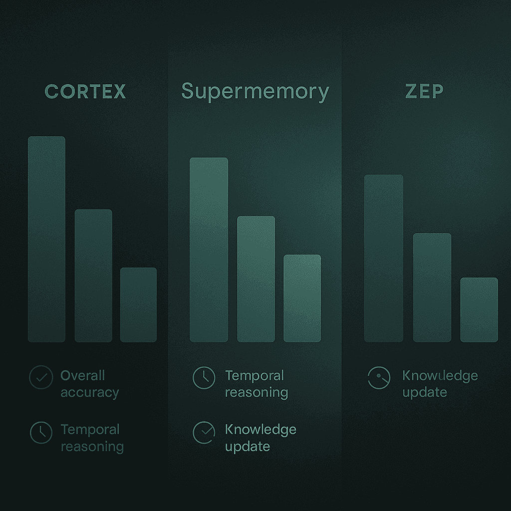 Abstract bar comparison showing Cortex outperforming Supermemory and Zep across three key metrics.