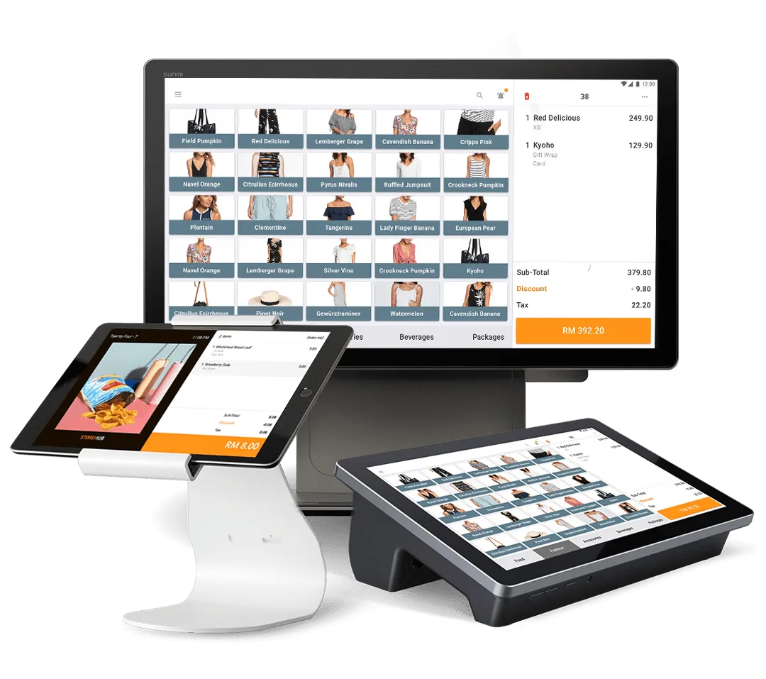 StoreHub cloud POS system for retail and F&B featuring touchscreen terminals and customer-facing display.