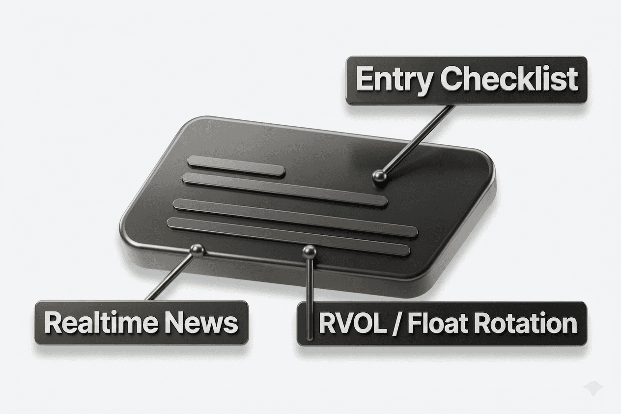 Scanner with realtime nwes, entry checklist, relative volume and float rotation
