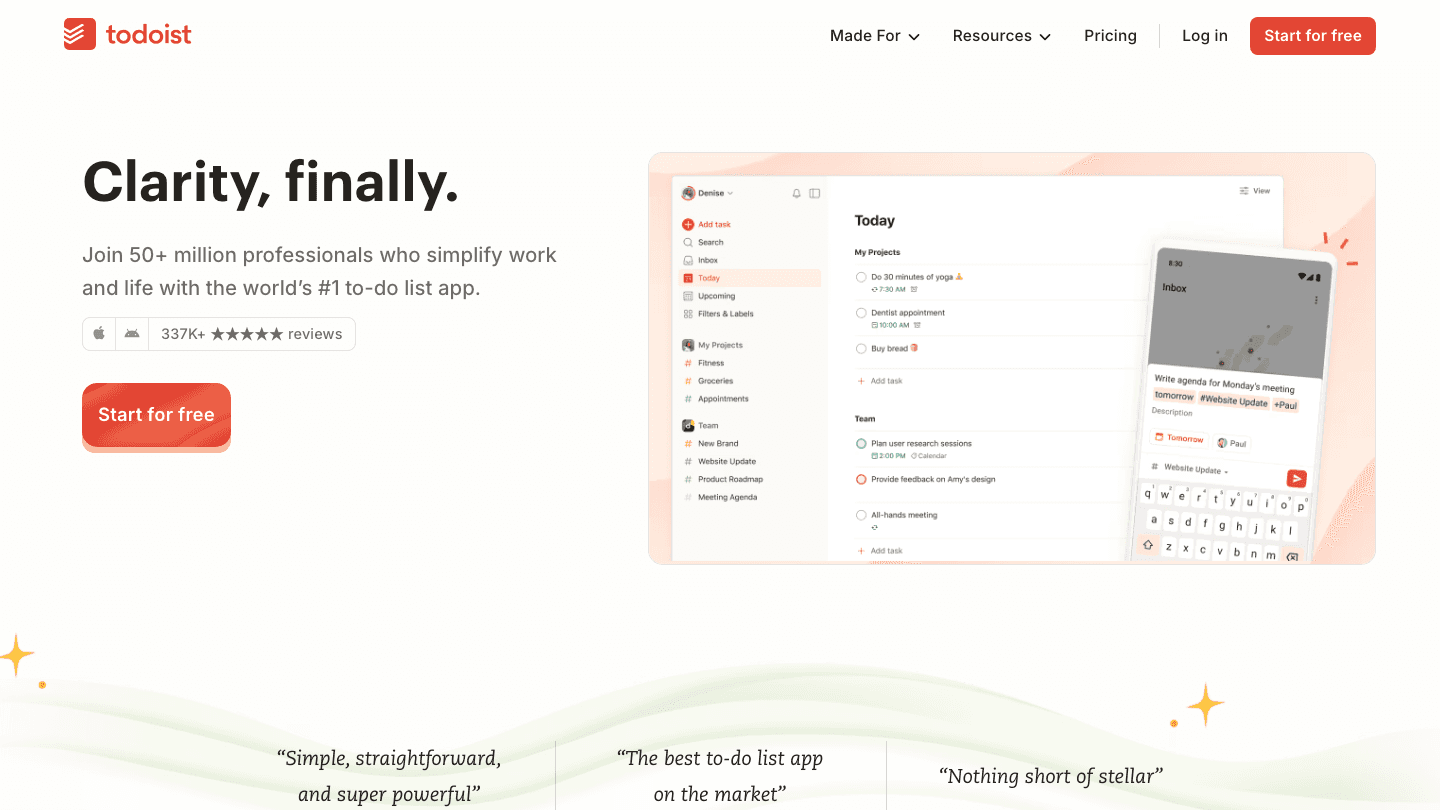 Todoist to-do list app homepage