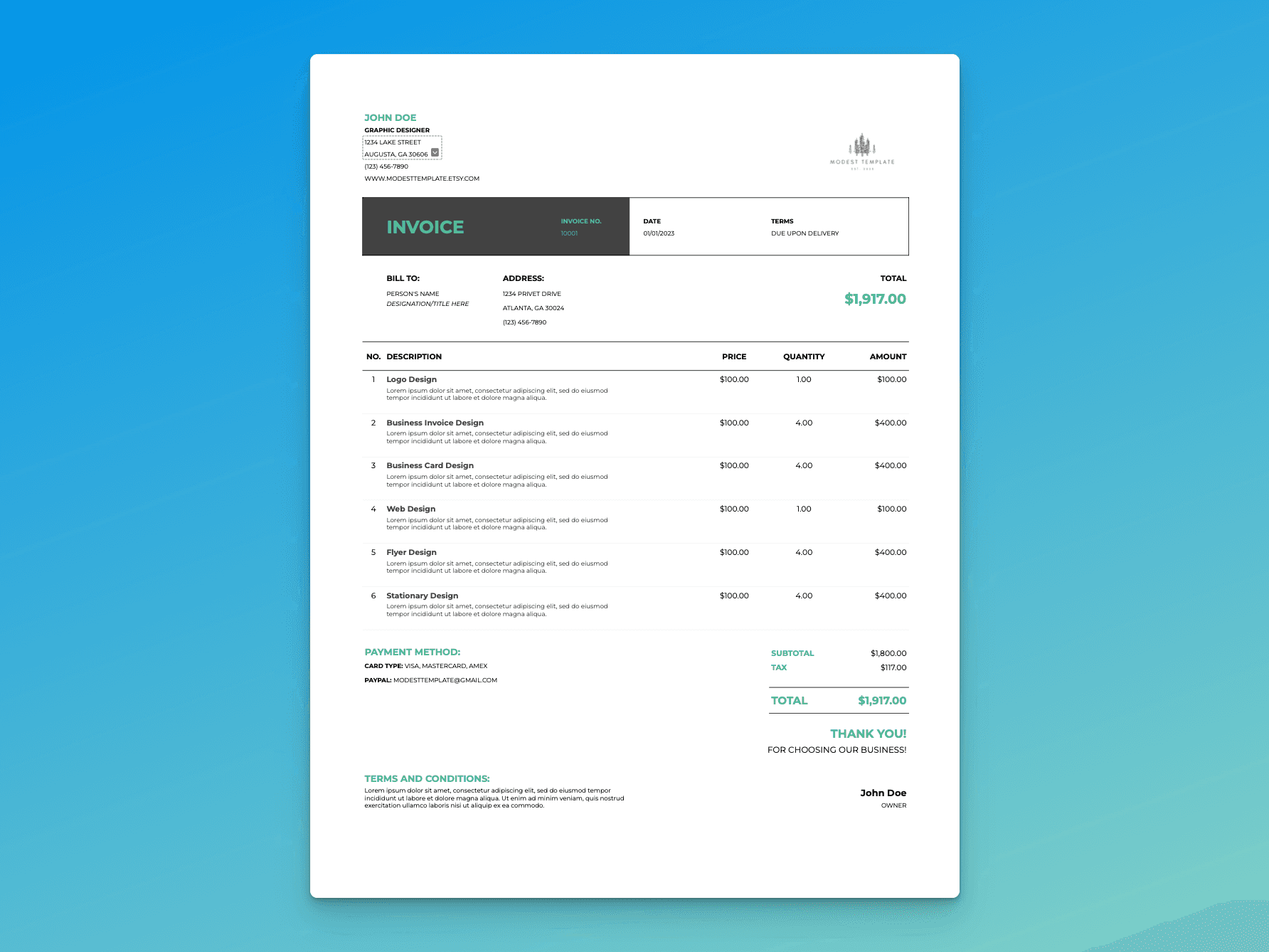 Invoice template featuring a detailed itemized breakdown, payment summary, and client billing information.