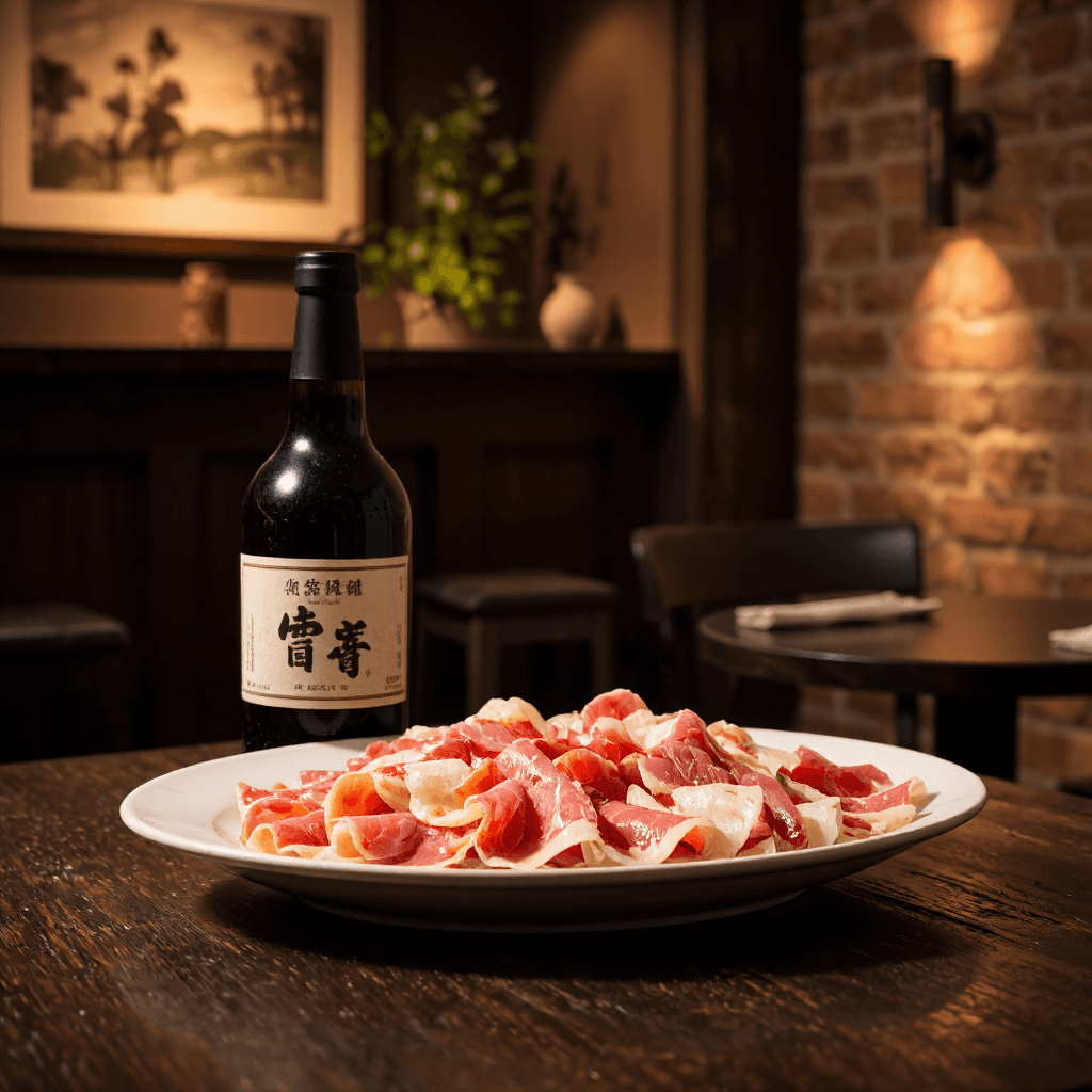 product photography of a bottle of alcoholic beverage and a plate of sliced meat