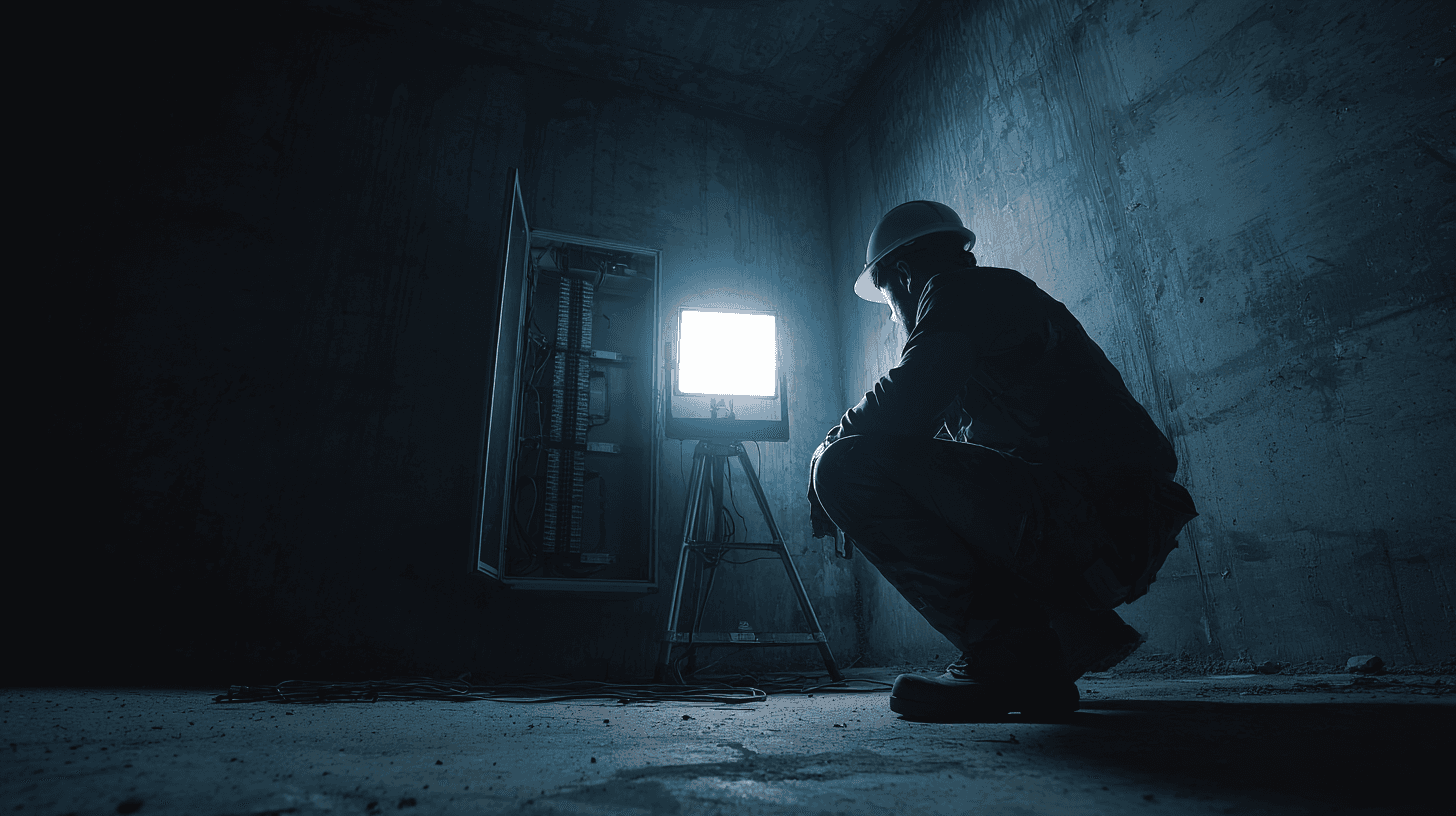 Technicien Modelec concentré sur une installation électrique de haute performance sous un éclairage de chantier.