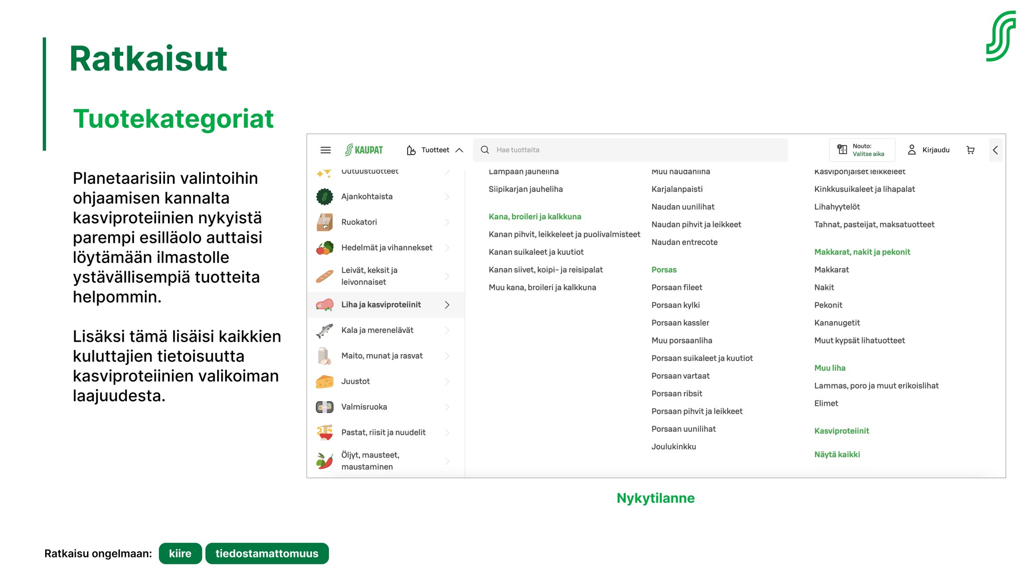 Screenshot showing current not so planet-centric product categories of S-Kaupat online store